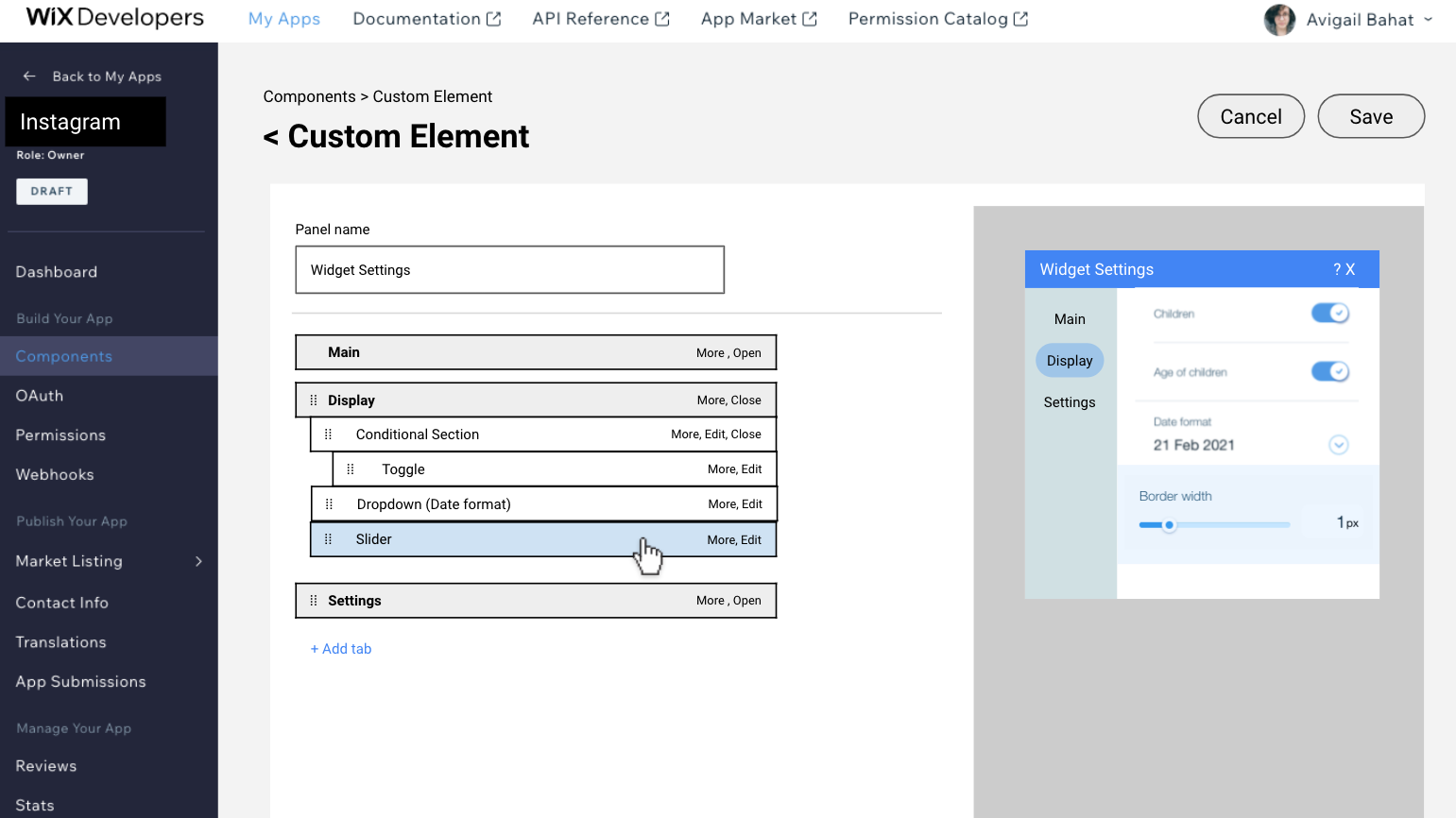 Wireframe showing how settings are organized across tabs, sections, and drill-down menus