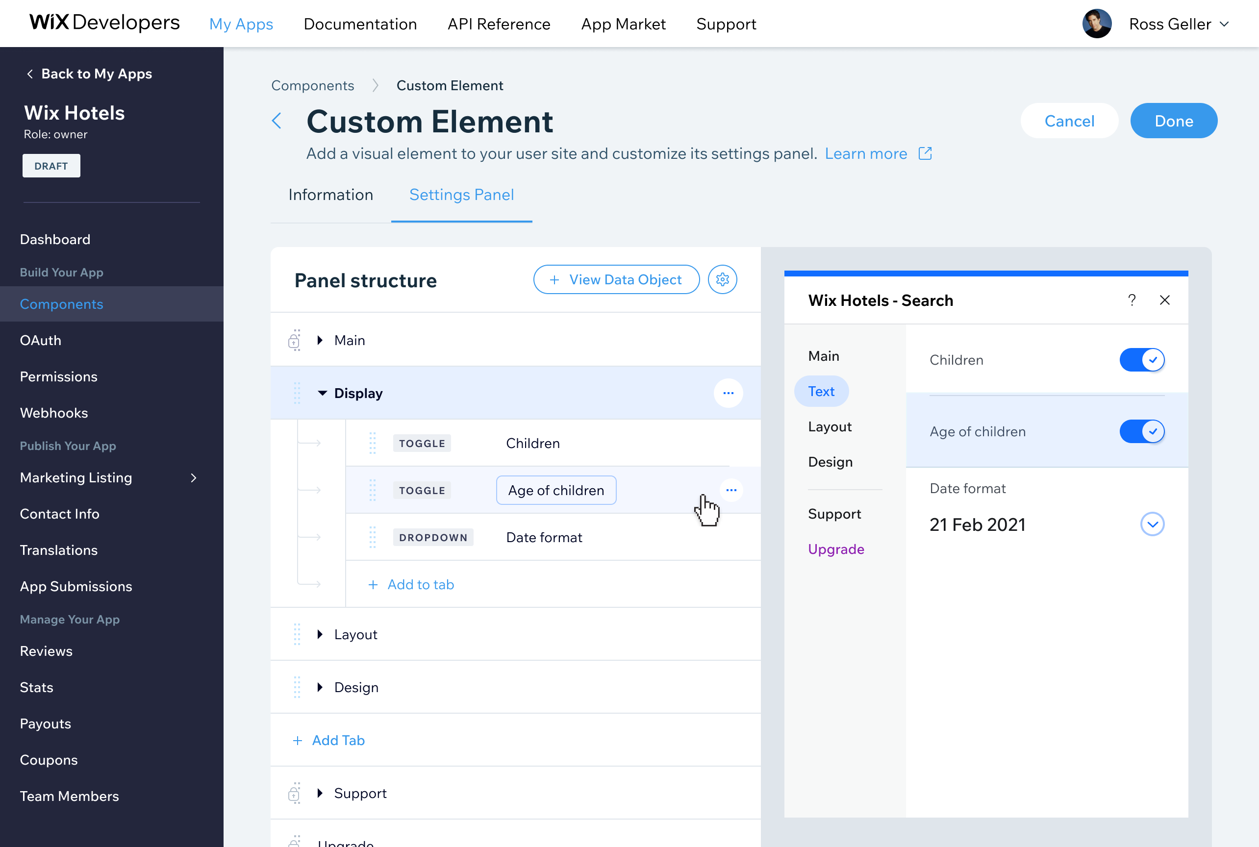 Final UI — available actions for a selected component within the settings panel