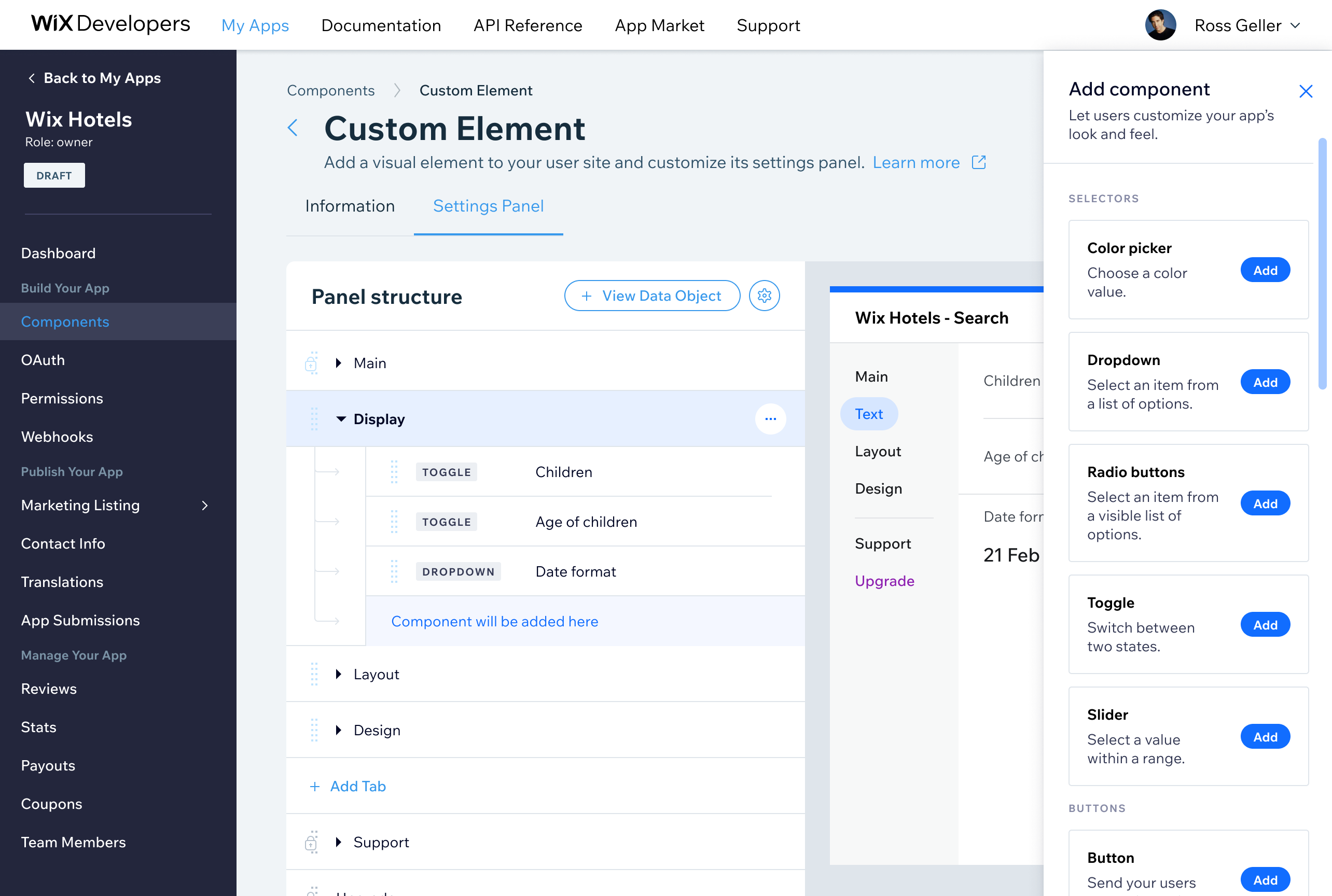 Final UI — flow for adding a new component to the settings panel builder
