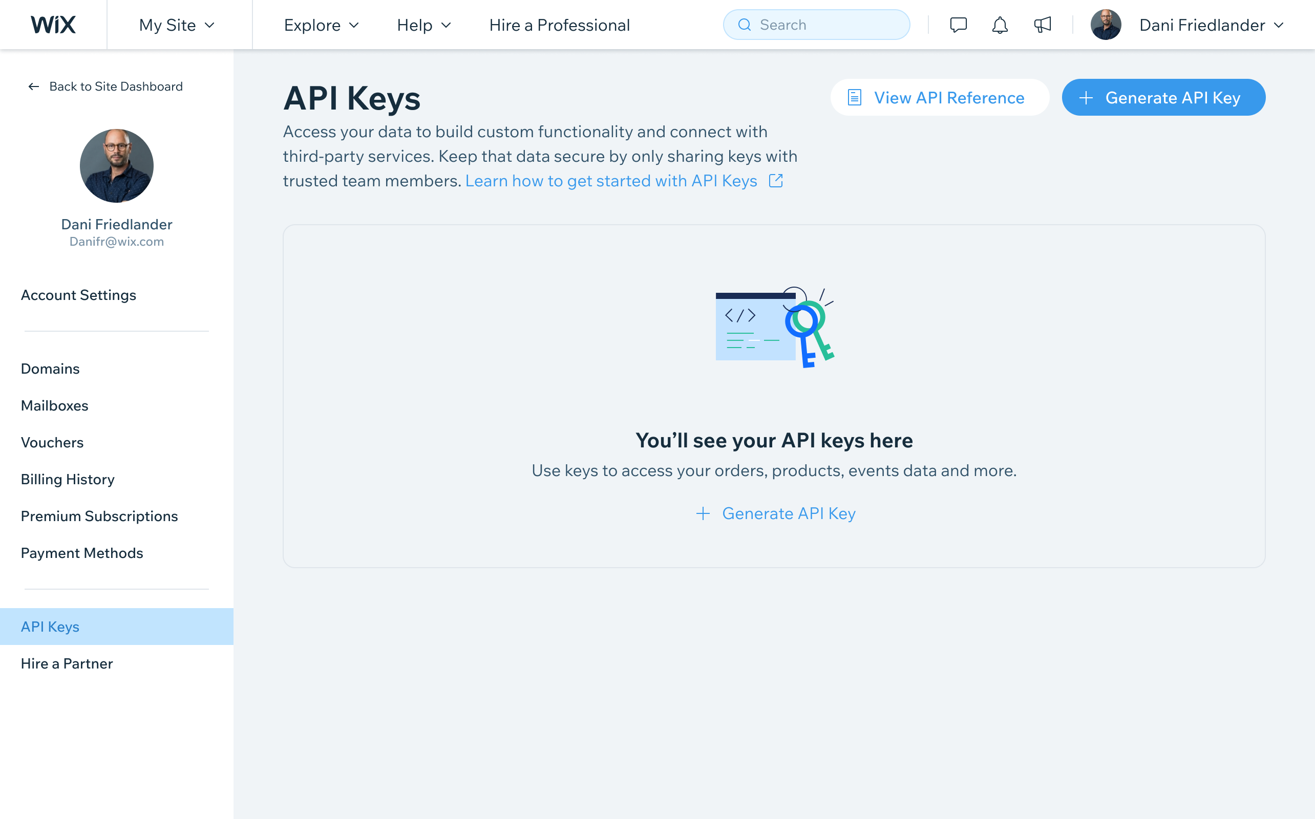 Empty state shown to first-time users before any API keys have been generated