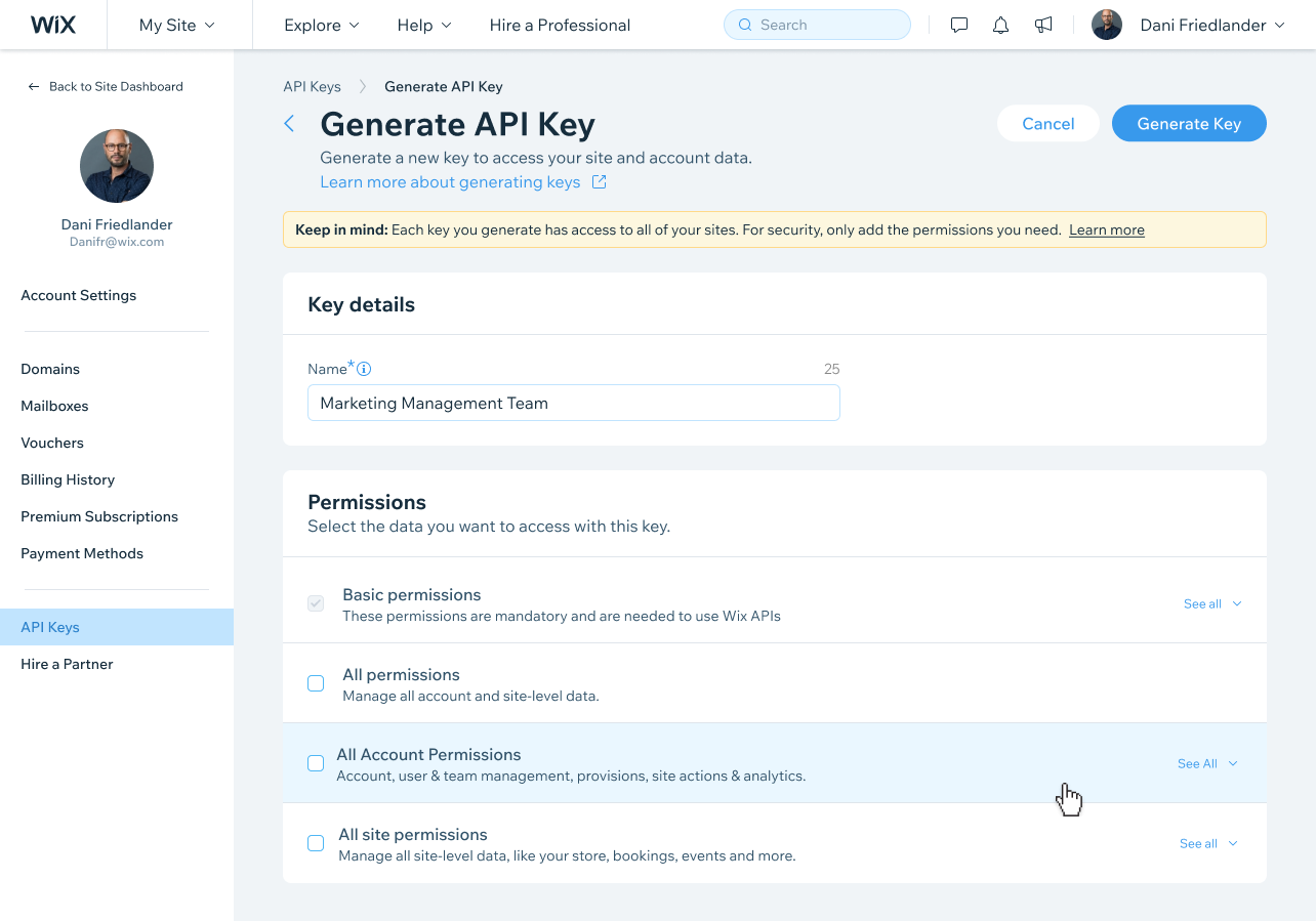 Permissions selection step during key generation — choosing what data the key can access