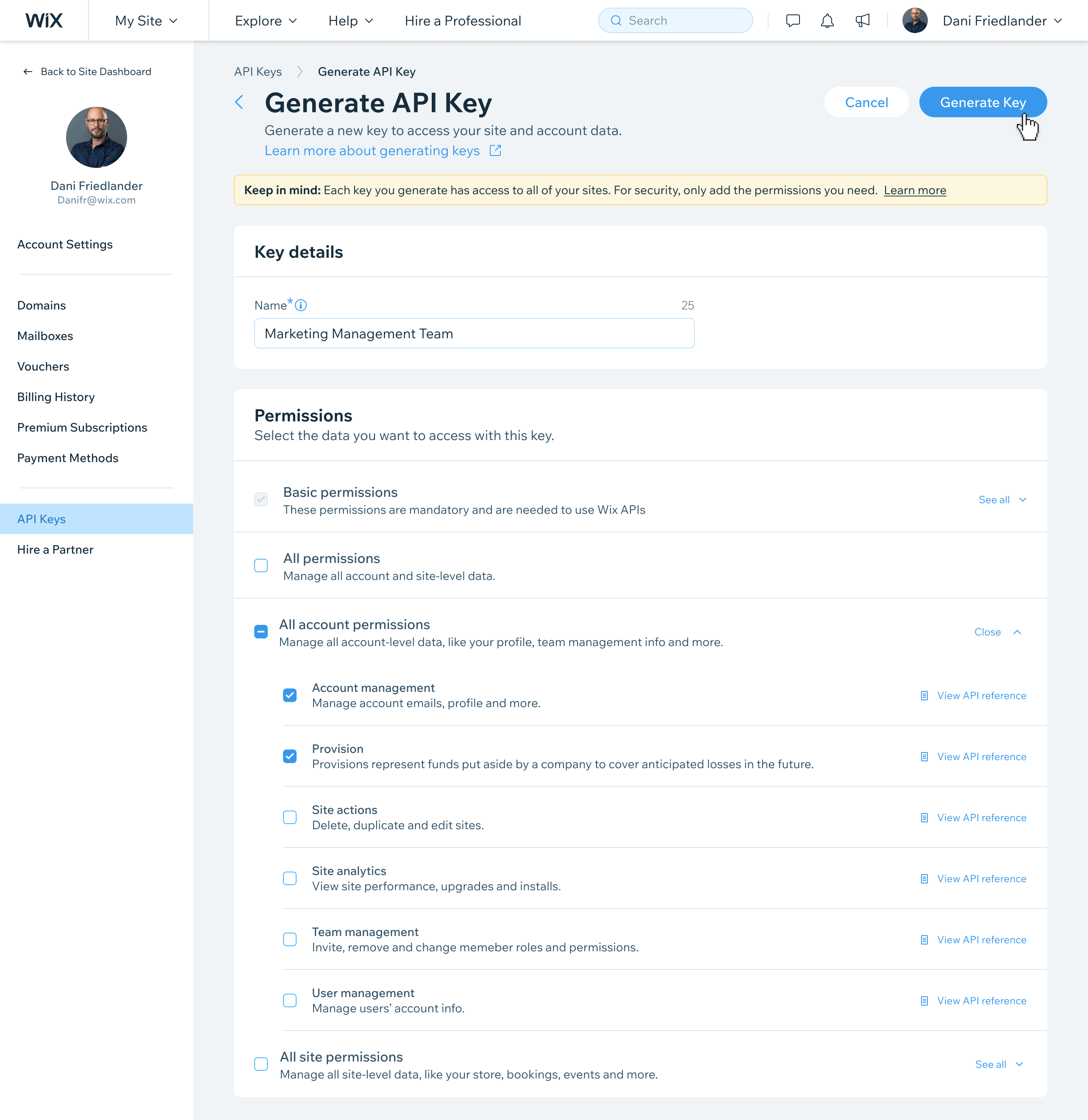 Expanding a permission category to configure granular sub-permissions for the key