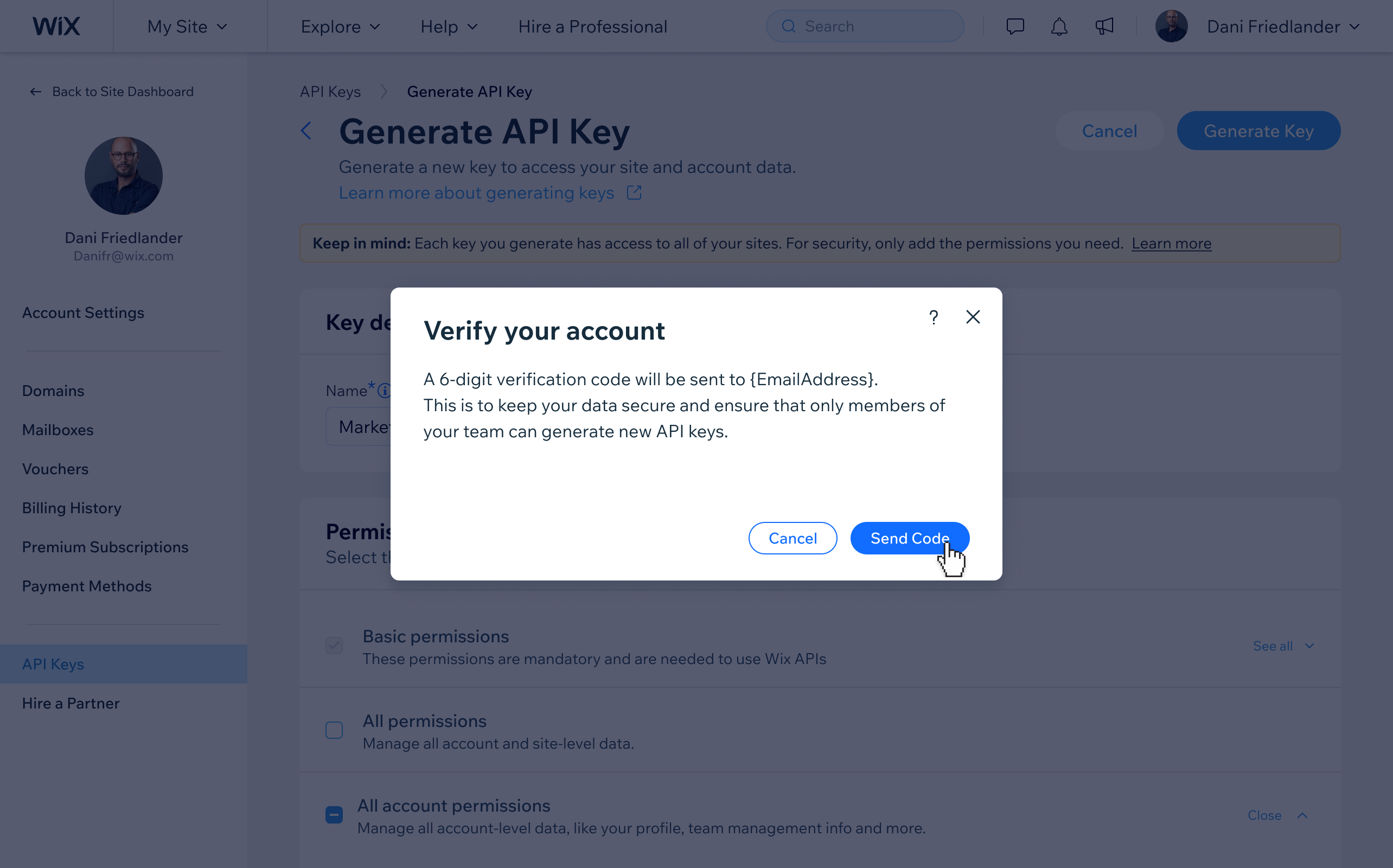 Account verification prompt — a 6-digit code is sent to the user’s email before the key can be generated