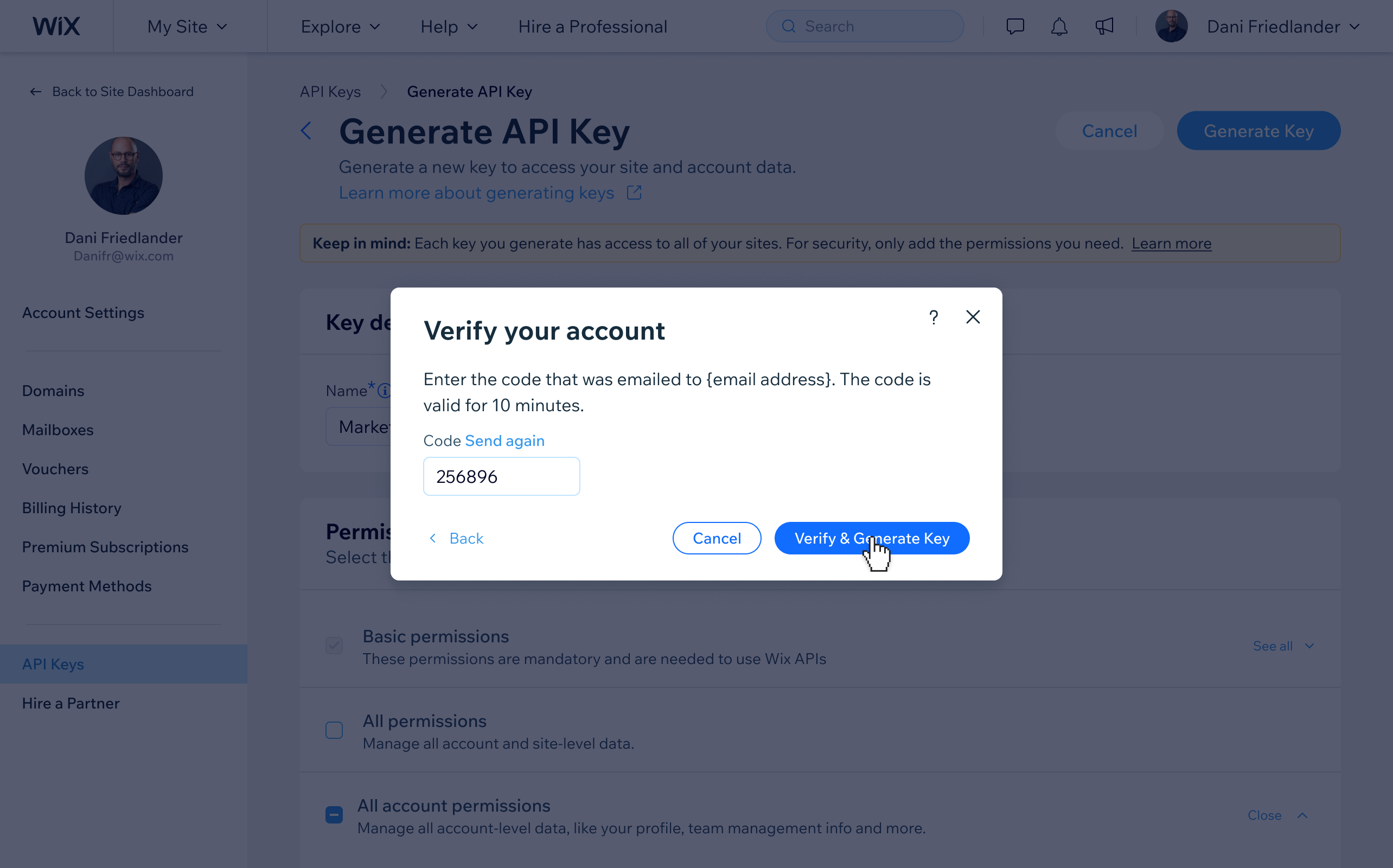 Code entry step — user enters the emailed verification code to confirm their identity