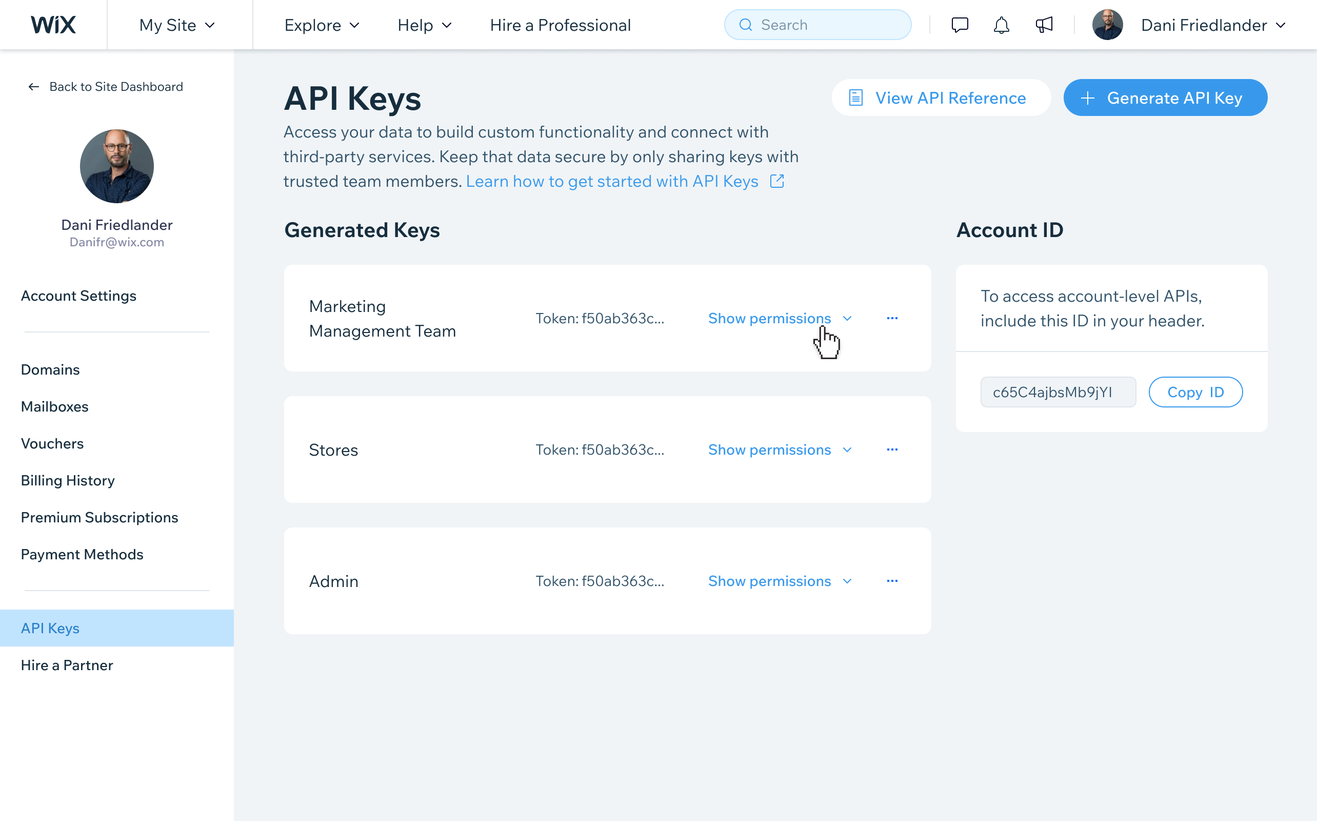 Keys management table showing a generated key with its token, permissions breakdown, and the Account ID panel