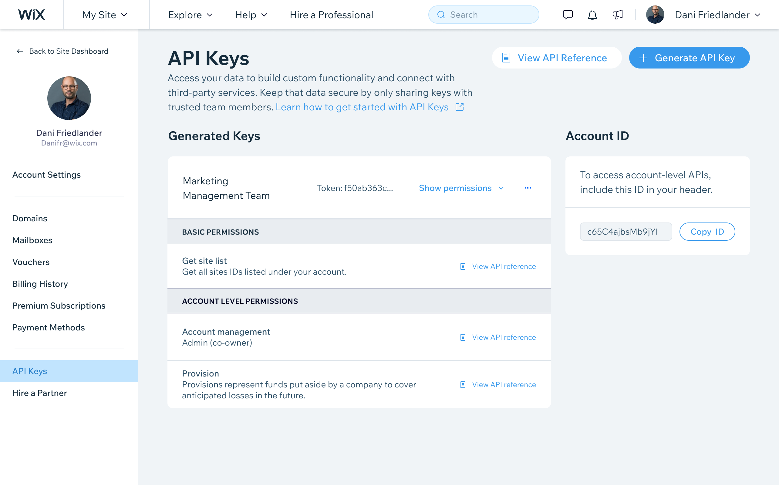 Expanded permissions view for an existing key, showing the assigned basic and account-level permissions