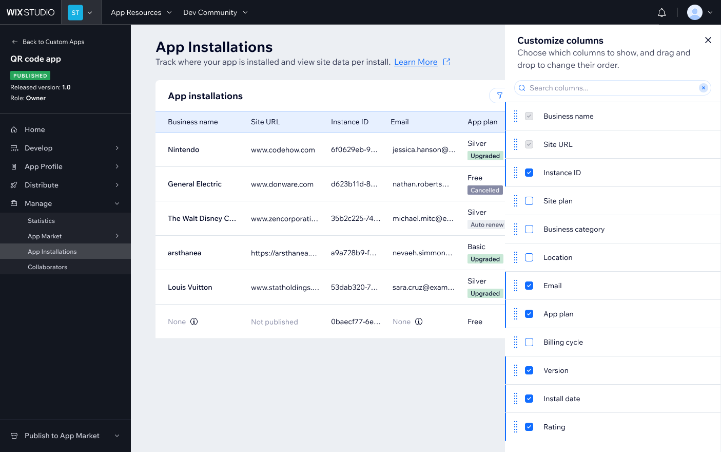 Column customization panel - developers can show, hide, and reorder data columns to focus on what's most relevant to them