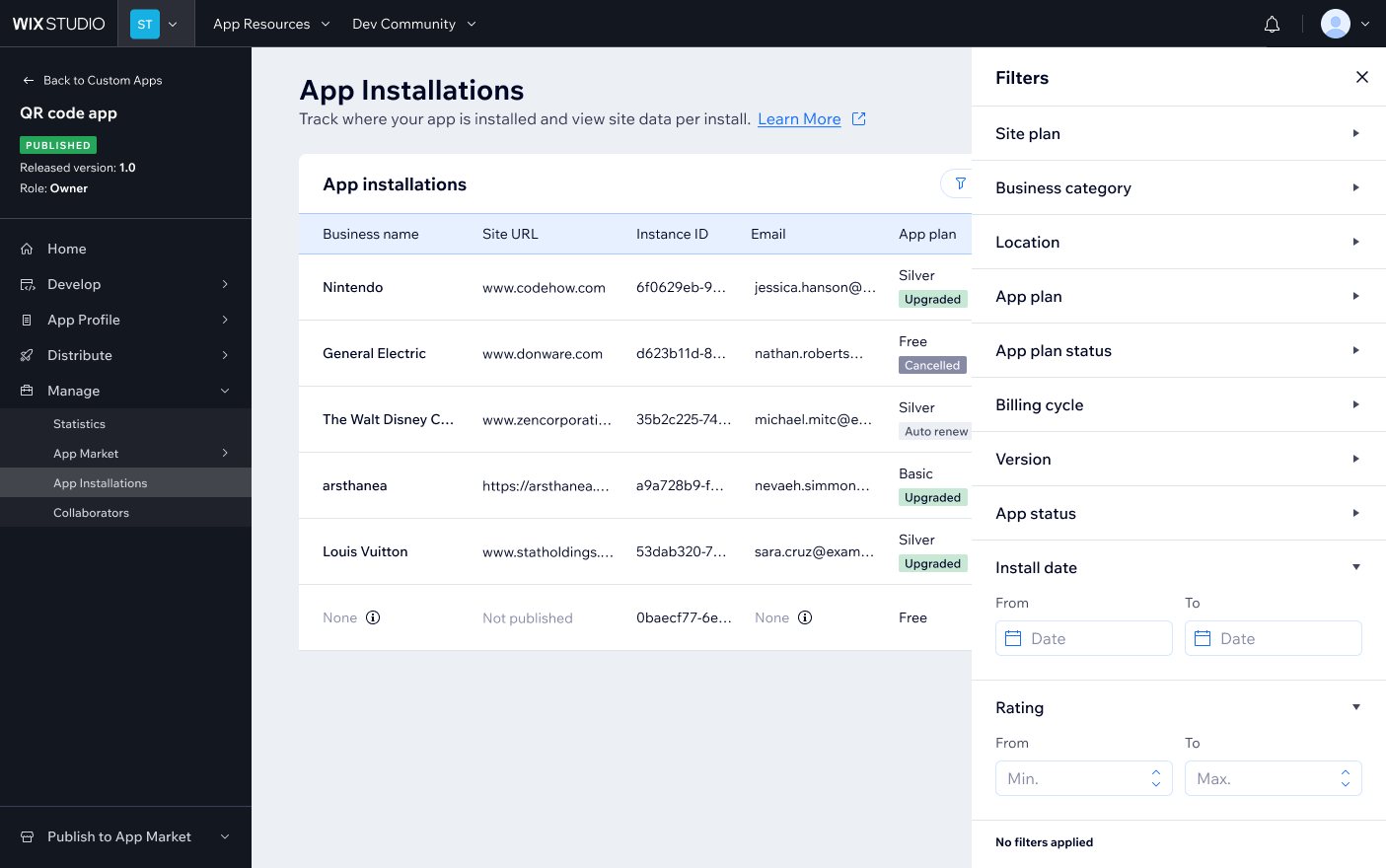 Filtered table view with some filters open - developers can narrow results by time range, plan, or other parameters to segment their installation data
