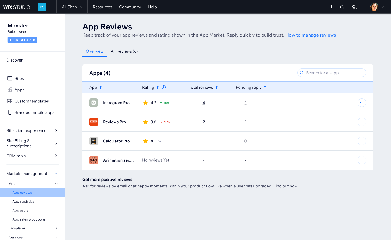 Reviews dashboard — aggregated view of ratings, pending replies, and feedback across all of a developer’s apps