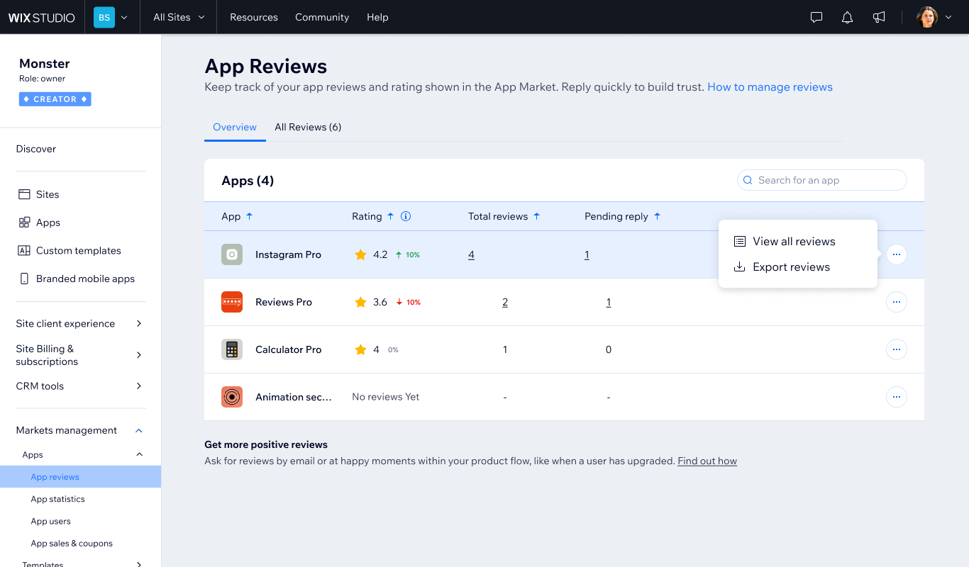 Per-app action menu — view all reviews or export data