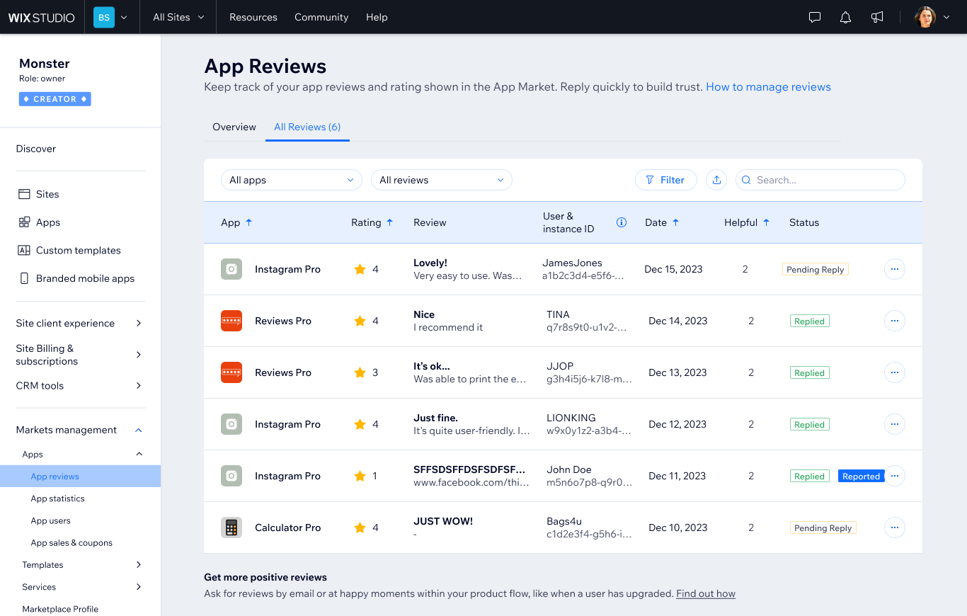 All reviews tab — filterable and sortable list of individual reviews across all apps