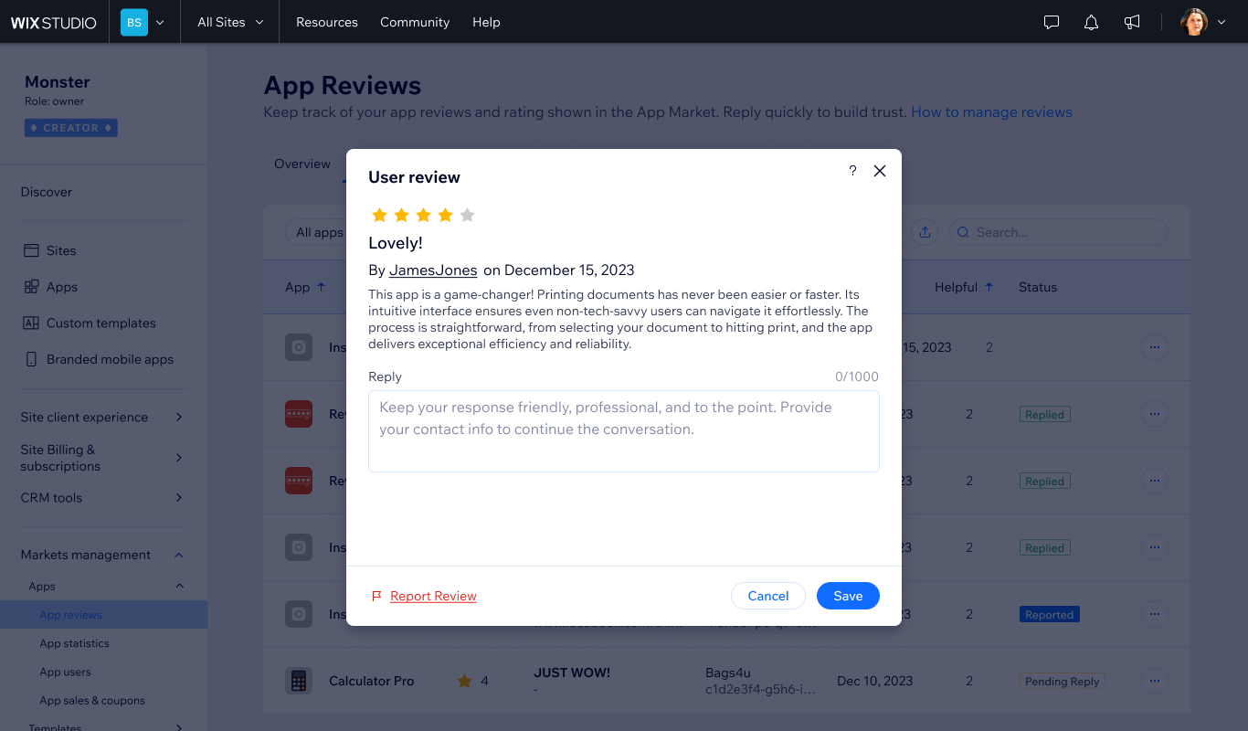 Review management modal — reading a review and drafting a reply