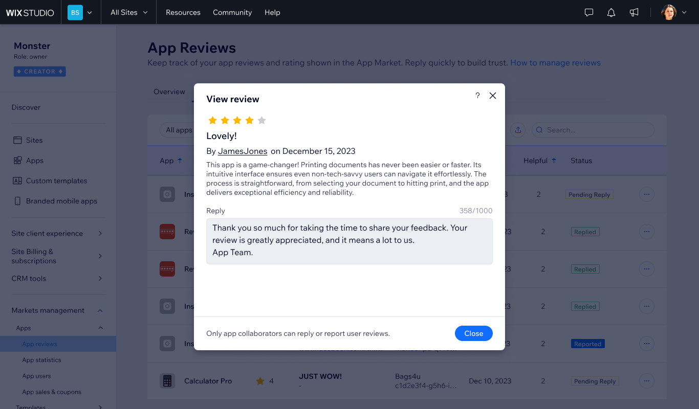 Review management modal — view-only state for non-collaborators (reply not available)