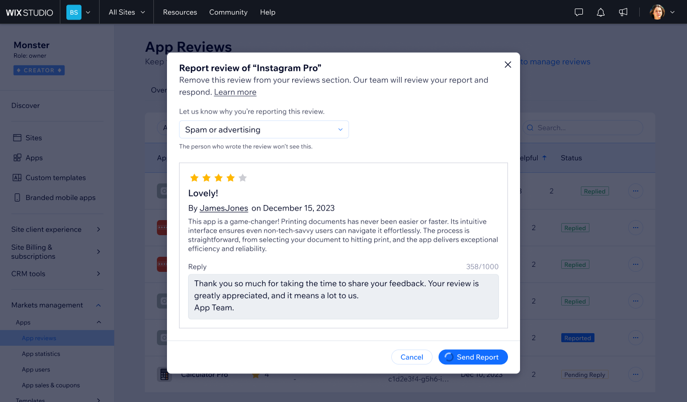 Reporting a review for removal — reason selection and submission flow