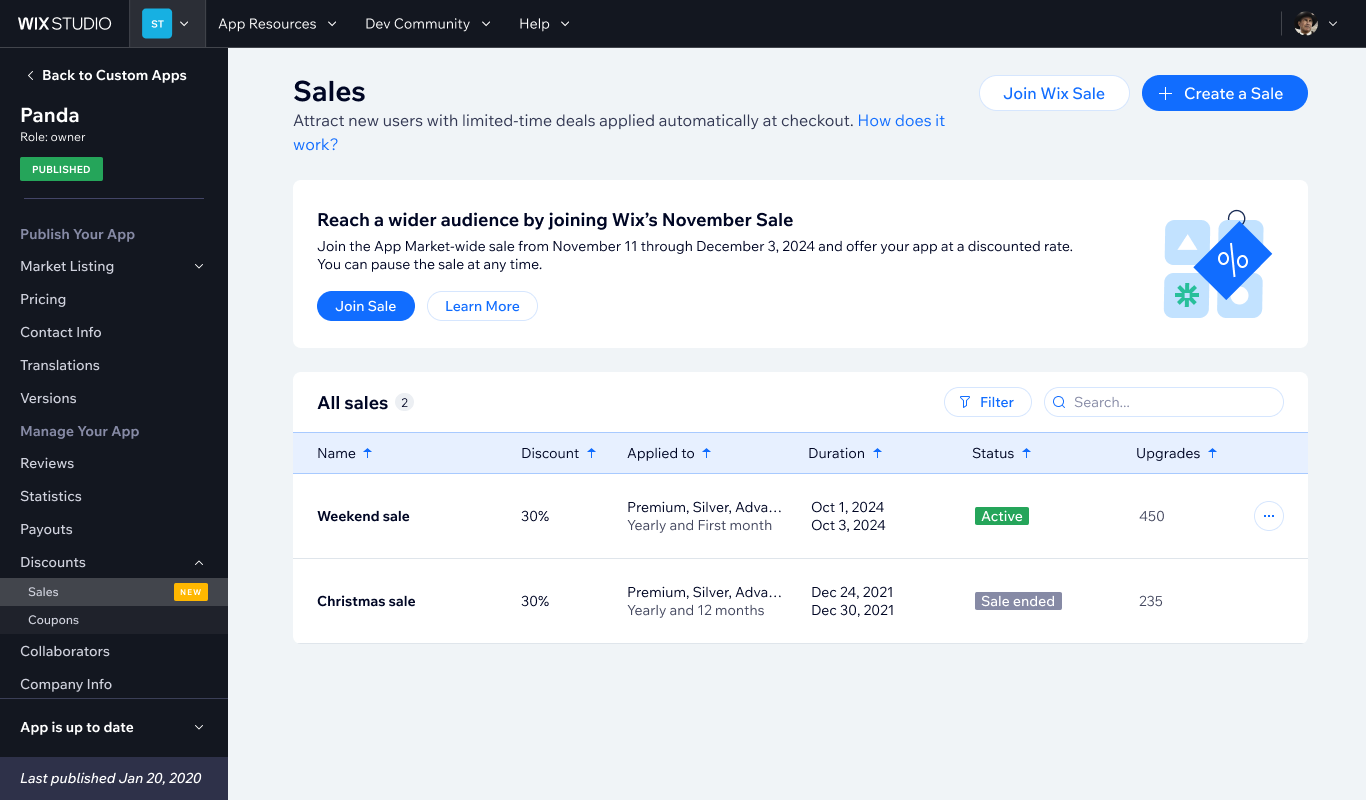 The dedicated Sales tab in the developer dashboard — showing active sales and entry points to join a Wix Sale or create a dev sale