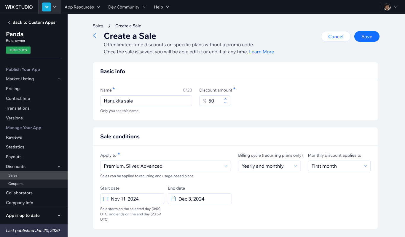 The developer sale creation flow — name, discount amount, applicable plans and billing cycles, and date range