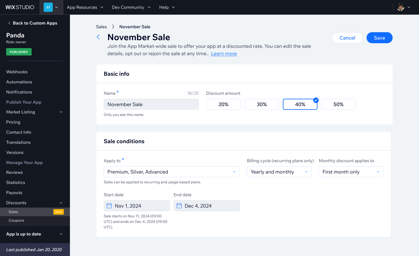 Joining a Wix Sale — developers set their discount and conditions within the market-wide event rules