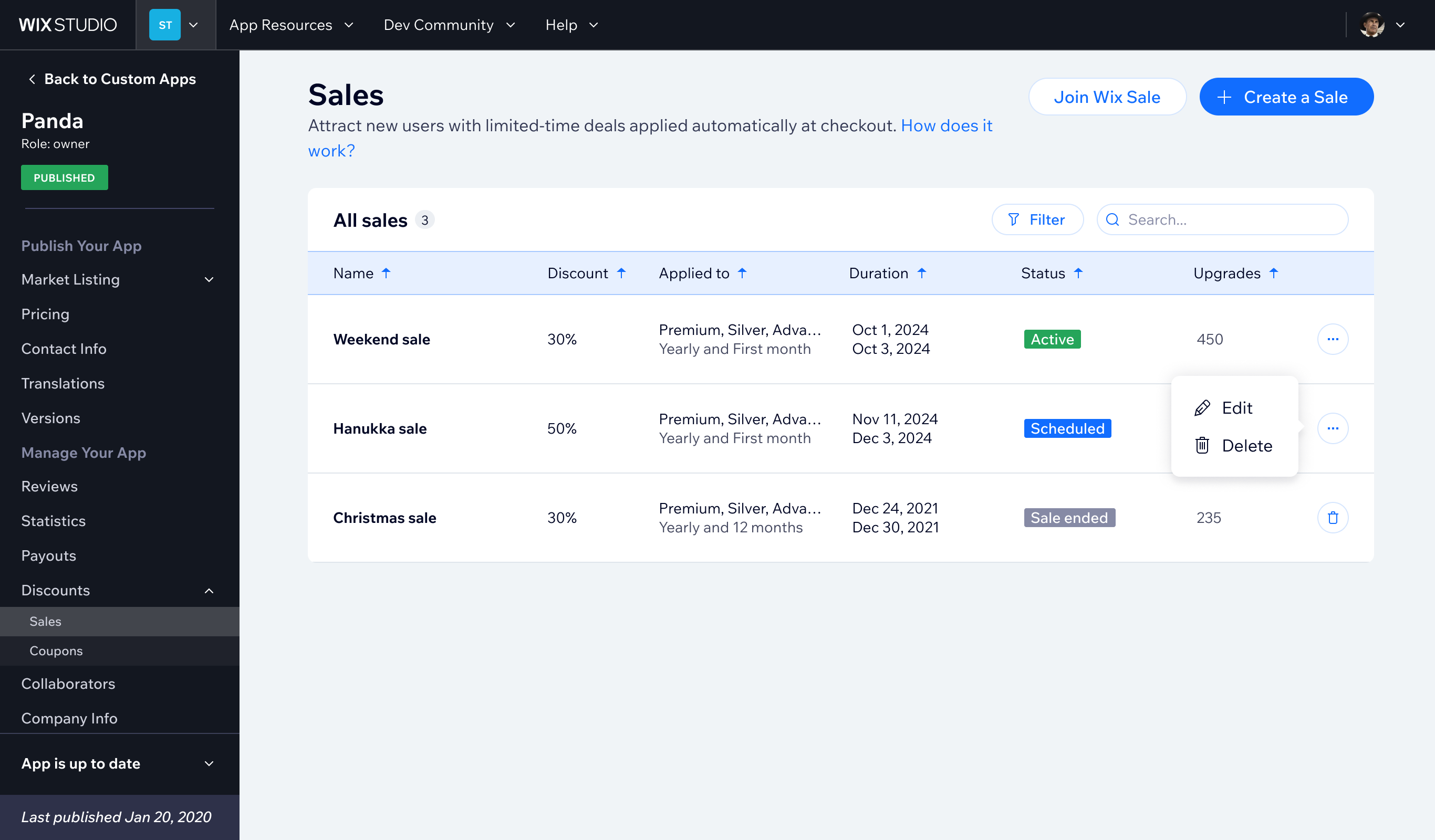 Sales management dashboard — Active, Scheduled, and ended states, with edit and delete actions