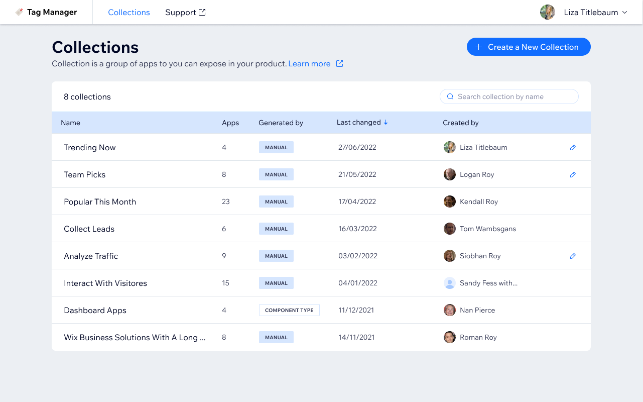 Collections list — all collections with app count, generation type (manual or component), last changed date, and creator