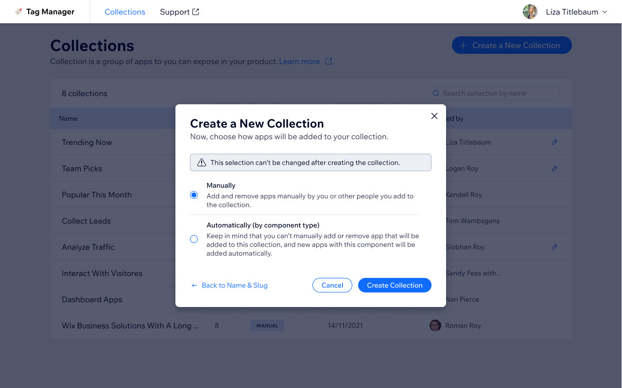 Collection creation step 2 — choose generation mode: manually curated or automatically by component type