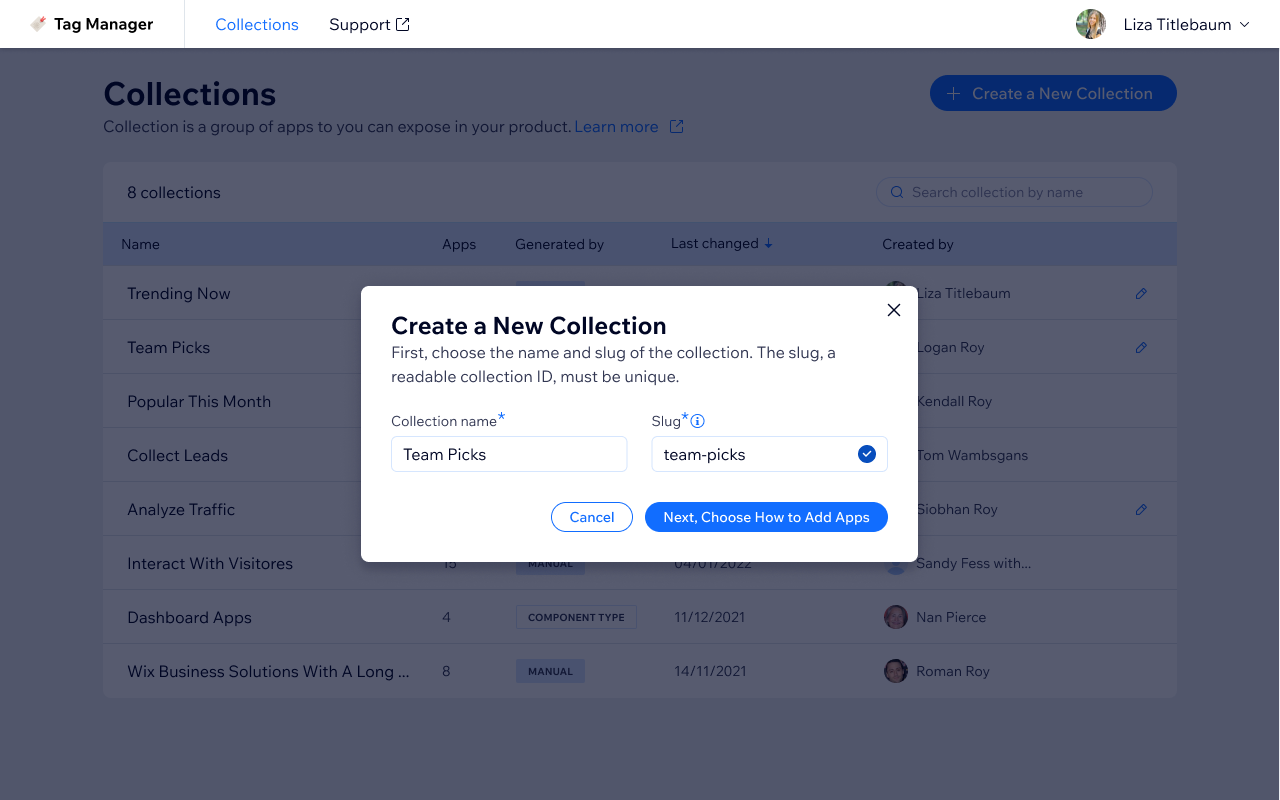 Collection creation step 1 — enter a collection name and auto-generated slug before proceeding