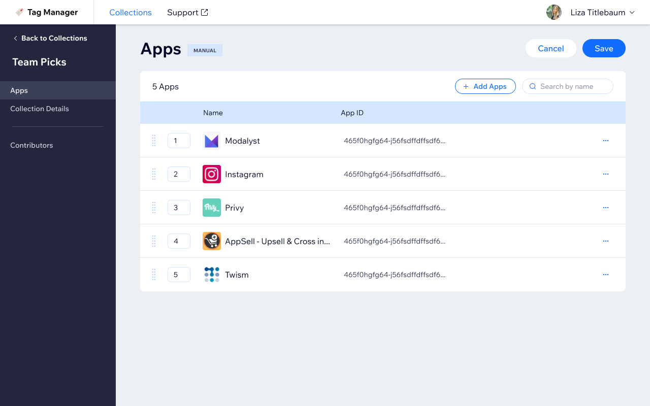 Apps tab with apps added — numbered list with drag handles for reordering and app ID shown per entry