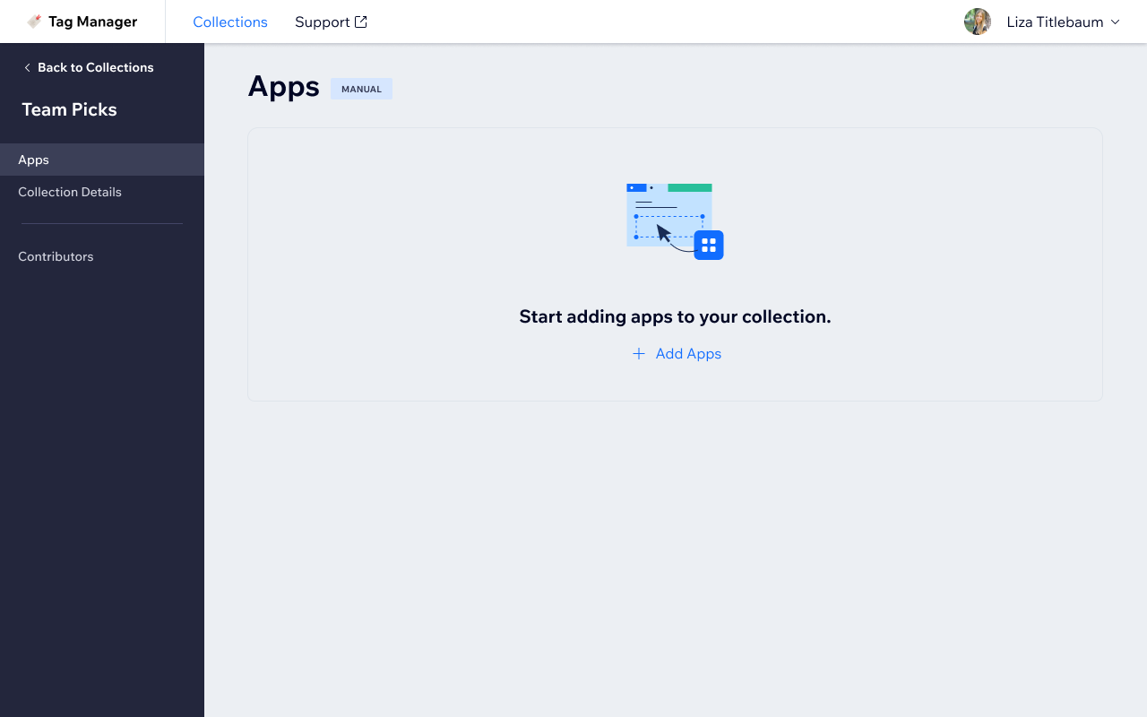 Collection detail — apps tab empty state with tabs for Apps, Collection Details, and Contributors visible in sidebar