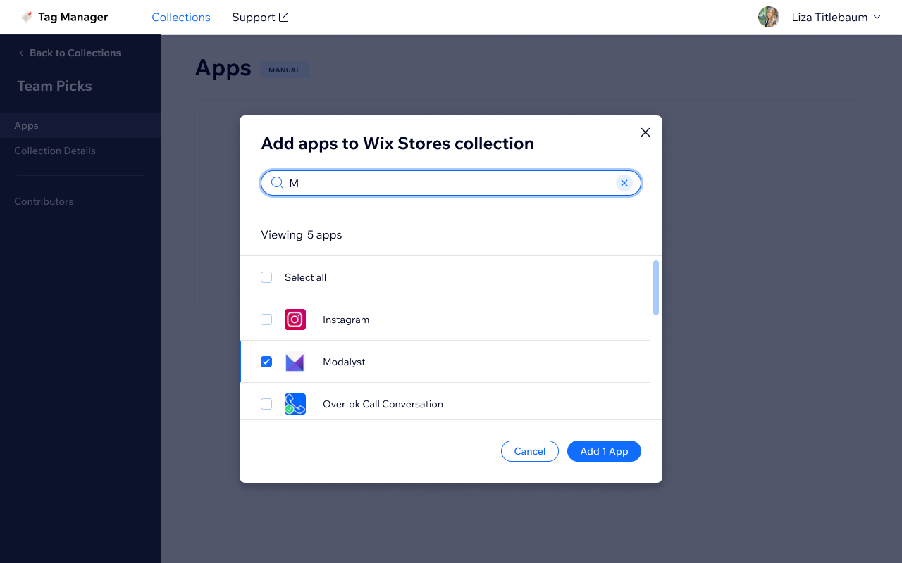 Add apps modal — search by name to find and select apps for the collection