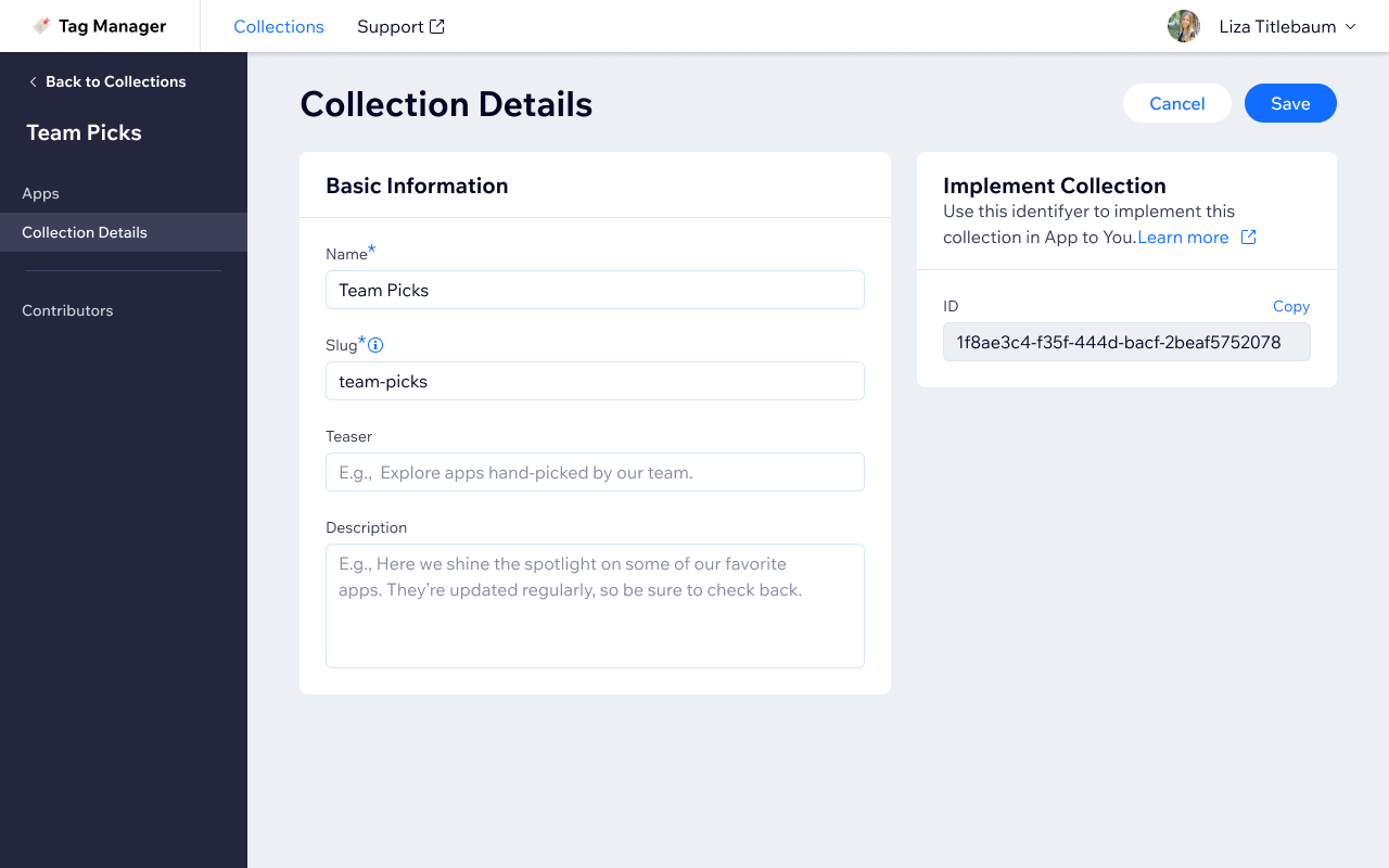 Collection Details tab — edit name, slug, teaser, and description, with the collection ID available to copy for implementation