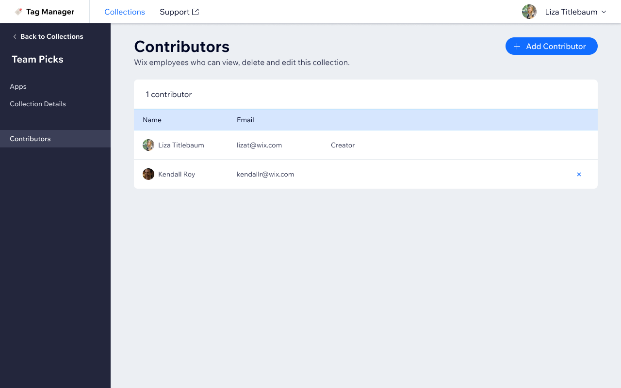 Contributors tab — manage who can edit the collection, showing name, email, and creator role