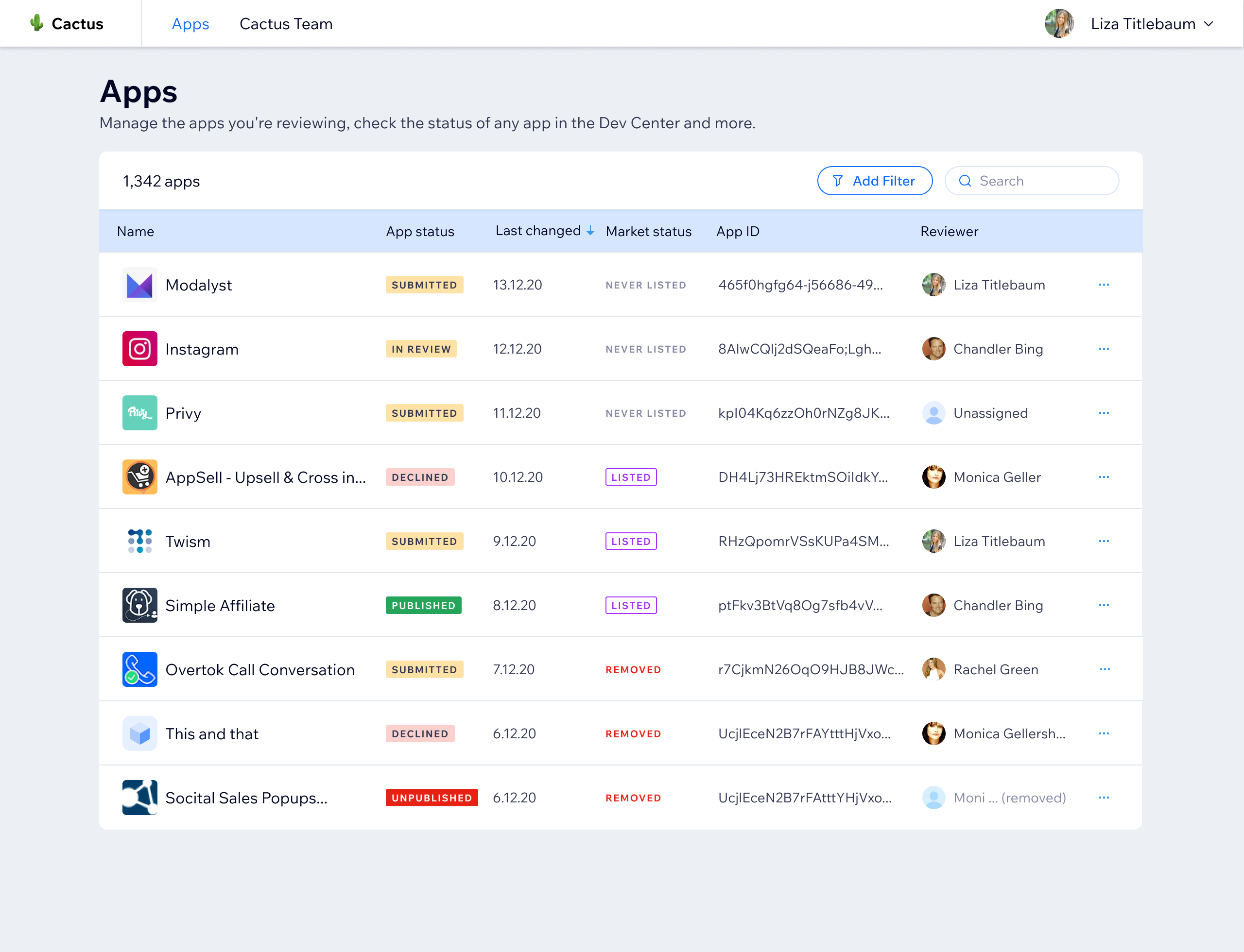 Apps dashboard - full list of apps under review, with status, last change date, market status, app ID, and assigned reviewer