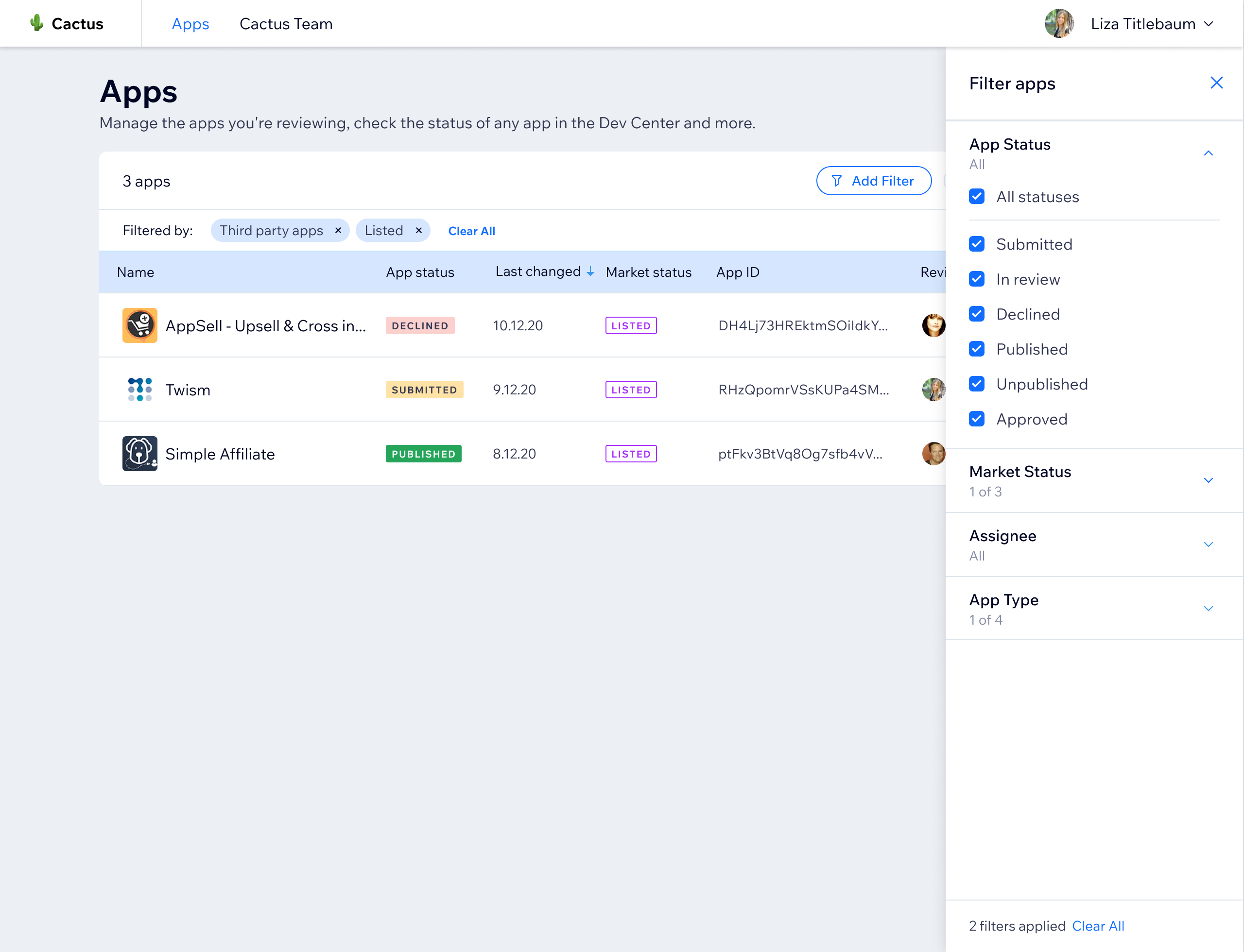 Filtering the app queue by status and market listing to find specific apps quickly
