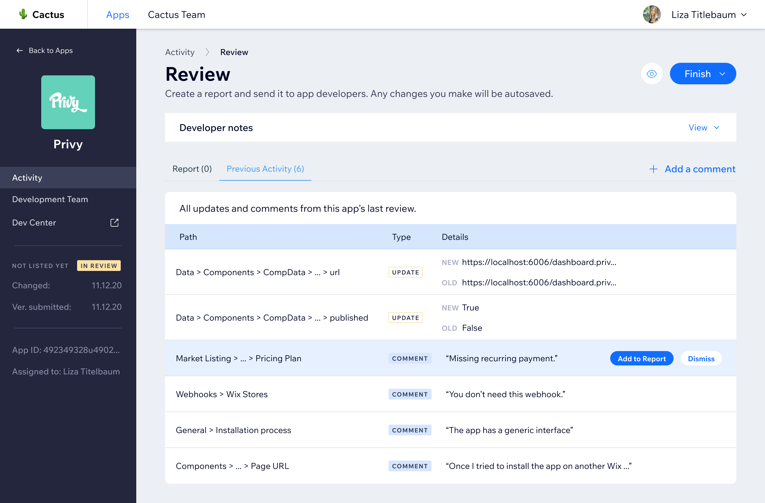 Previous activity tab - all changes and comments from the app's last review, surfaced for context