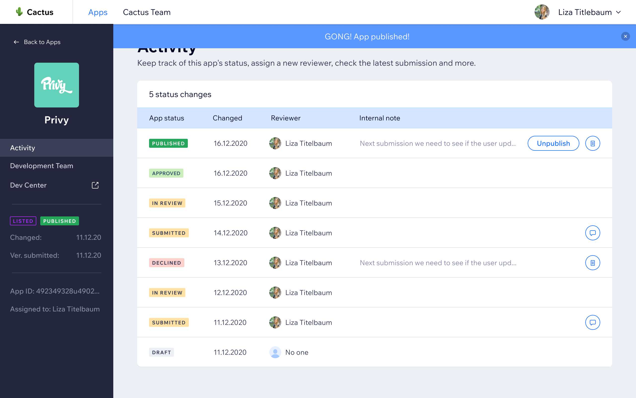 Activity log after publishing - full status history visible, with the option to unpublish if needed