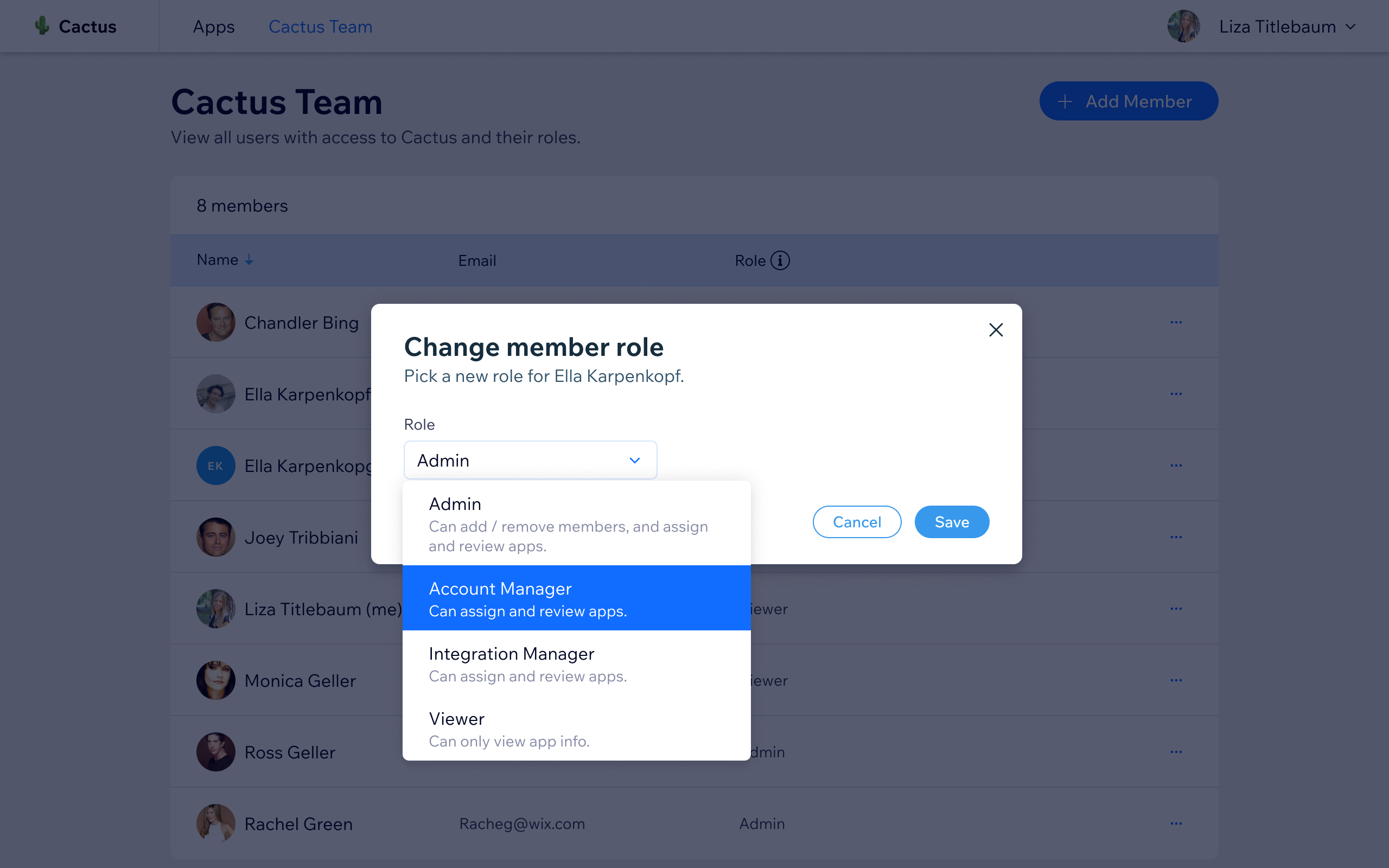 Role assignment - four role types (Admin, Account Manager, Integration Manager, Viewer) control what each member can do