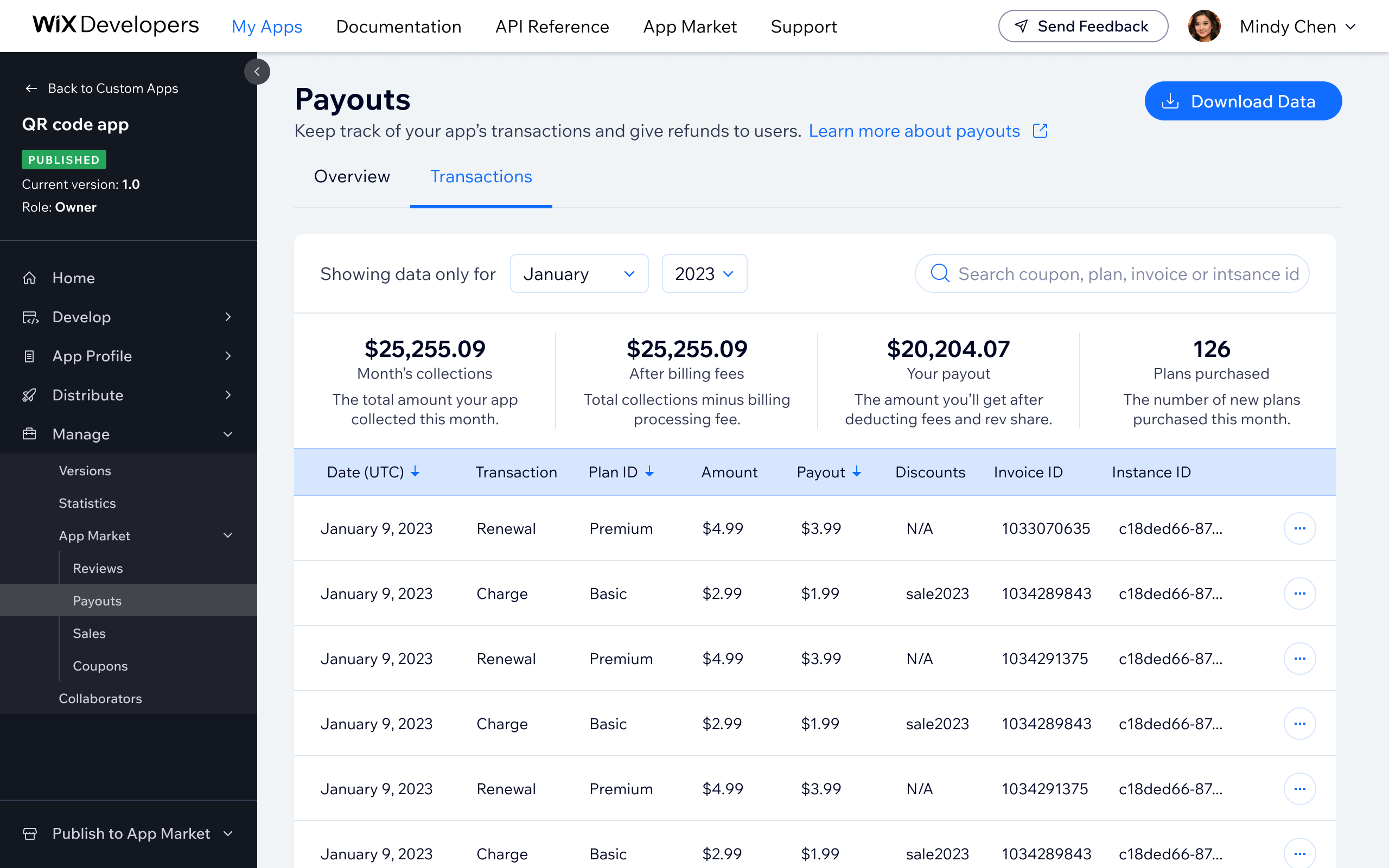 Transactions tab - history with filtering, search, and inline refund actions
