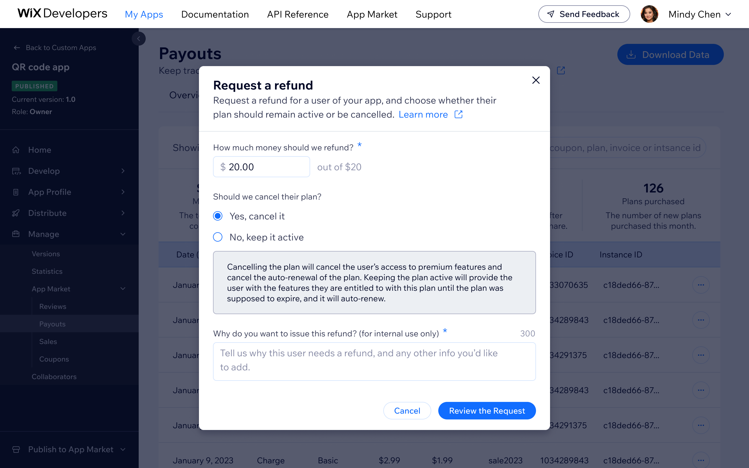 Entry point - Request refund action in the transactions table row menu