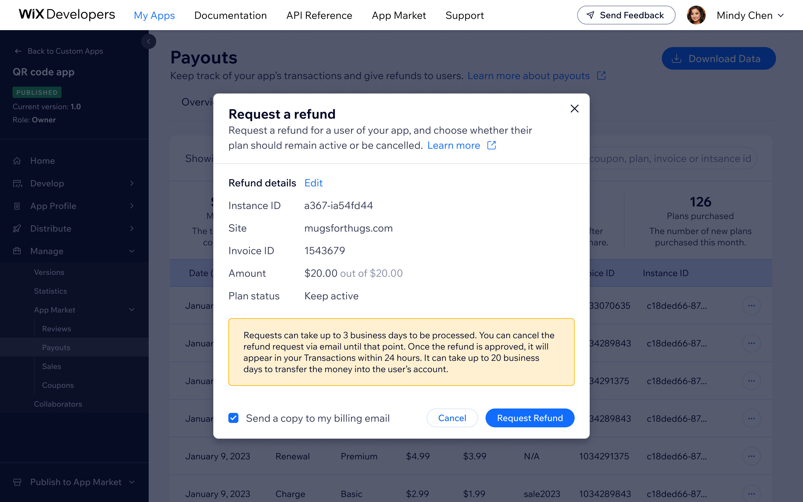 Review step - confirm refund details (instance ID, amount, plan status) before submitting