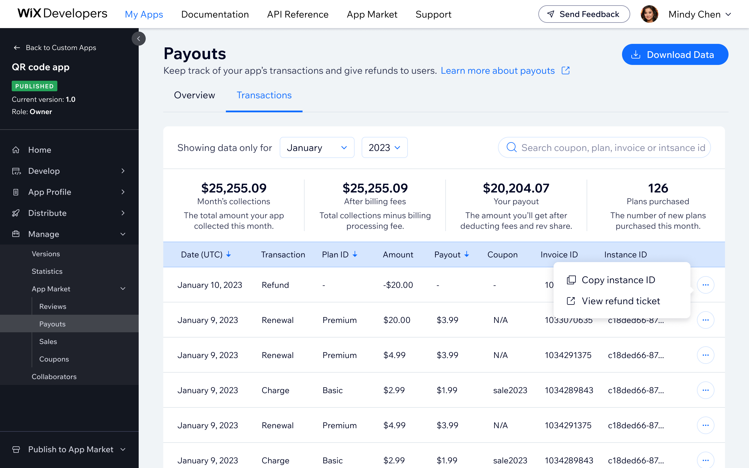 Completed - refund appears as a negative line item in transaction history once processed