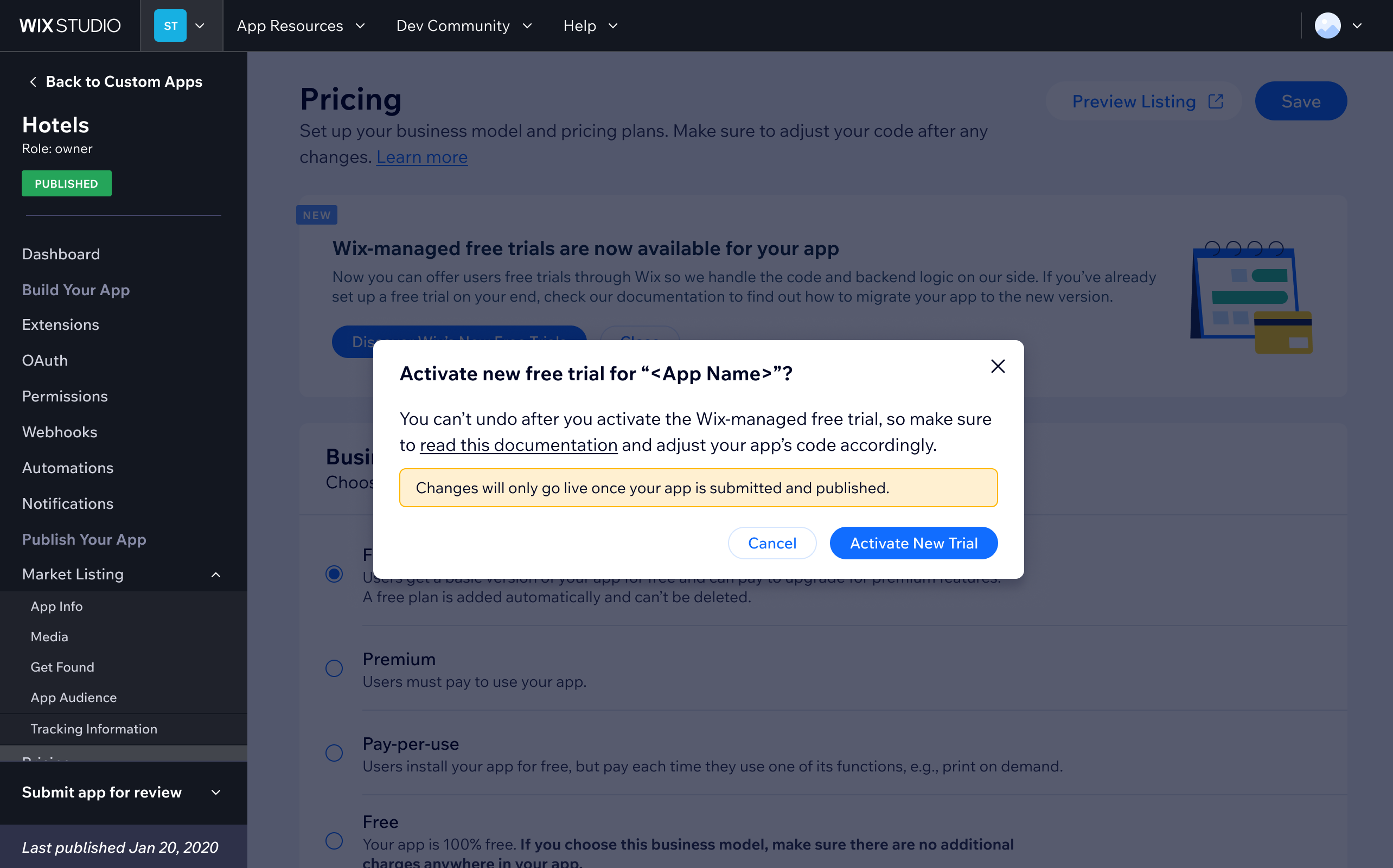 Confirmation modal for activating the new Wix-managed free trial — warns developers that changes only go live once the app is published