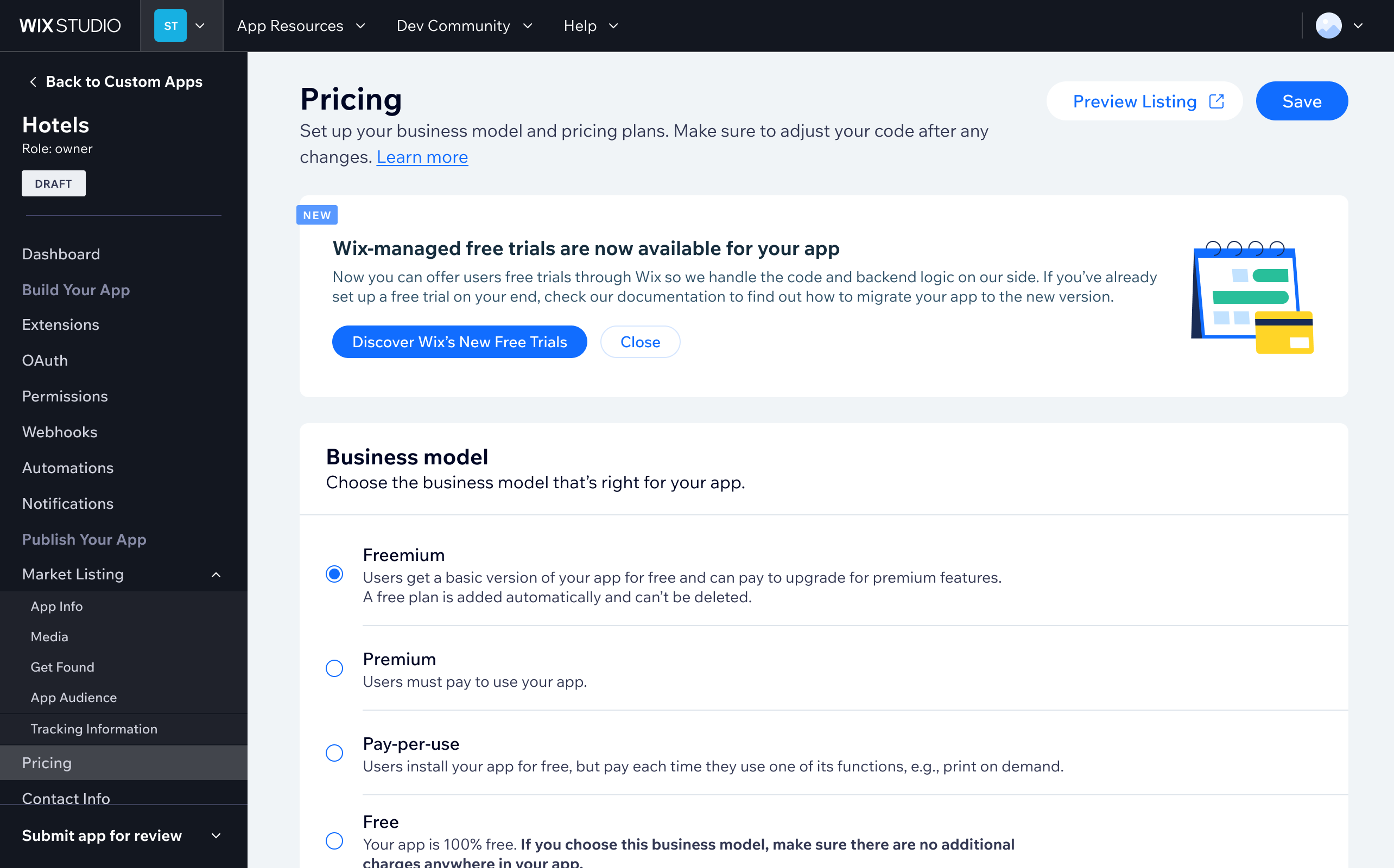 Migration notice shown to developers already running self-managed trials, prompting them to switch to the new Wix-managed system