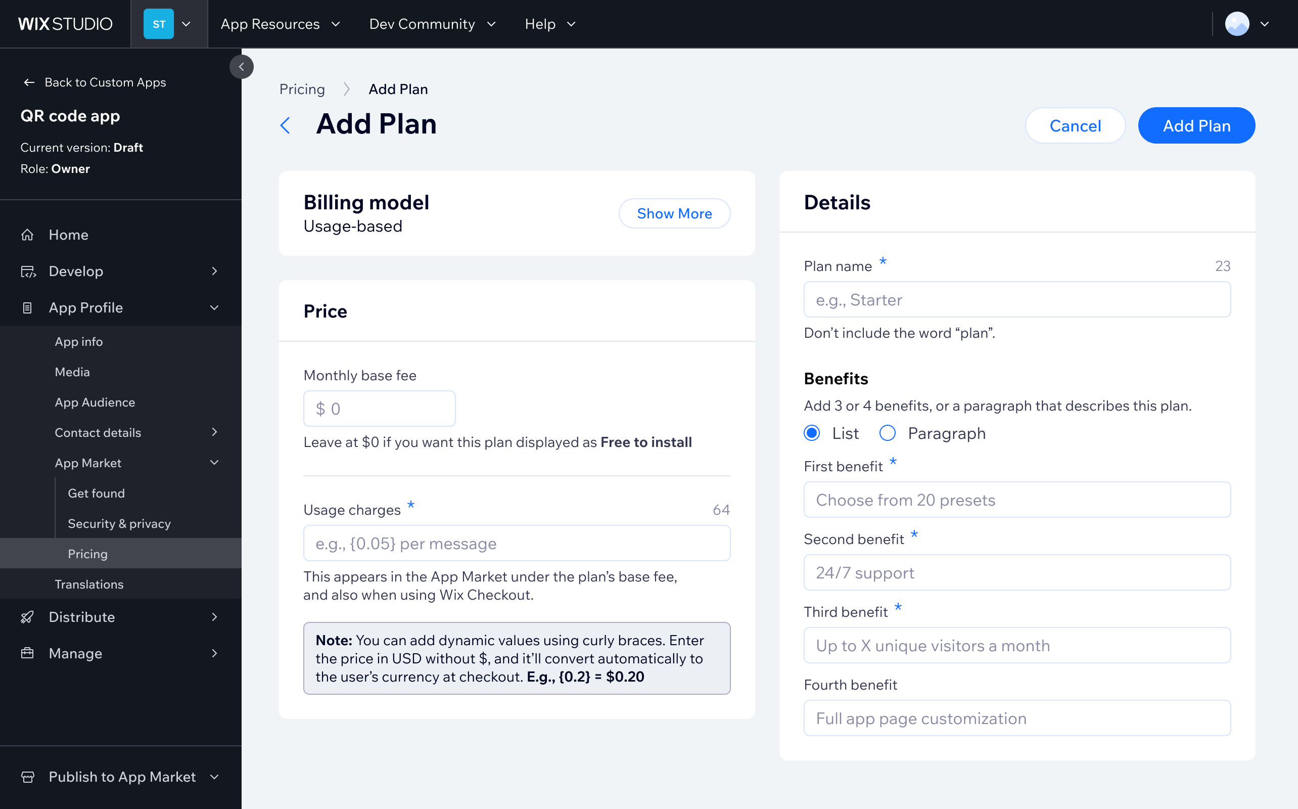 Add a plan page - user can choose to add the new usage-based plan