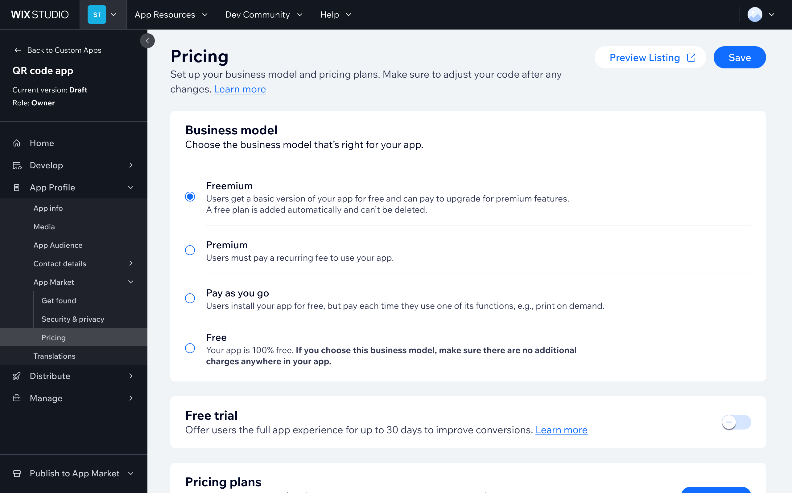 Business model selector - the entry point where developers choose their pricing structure before configuring plans