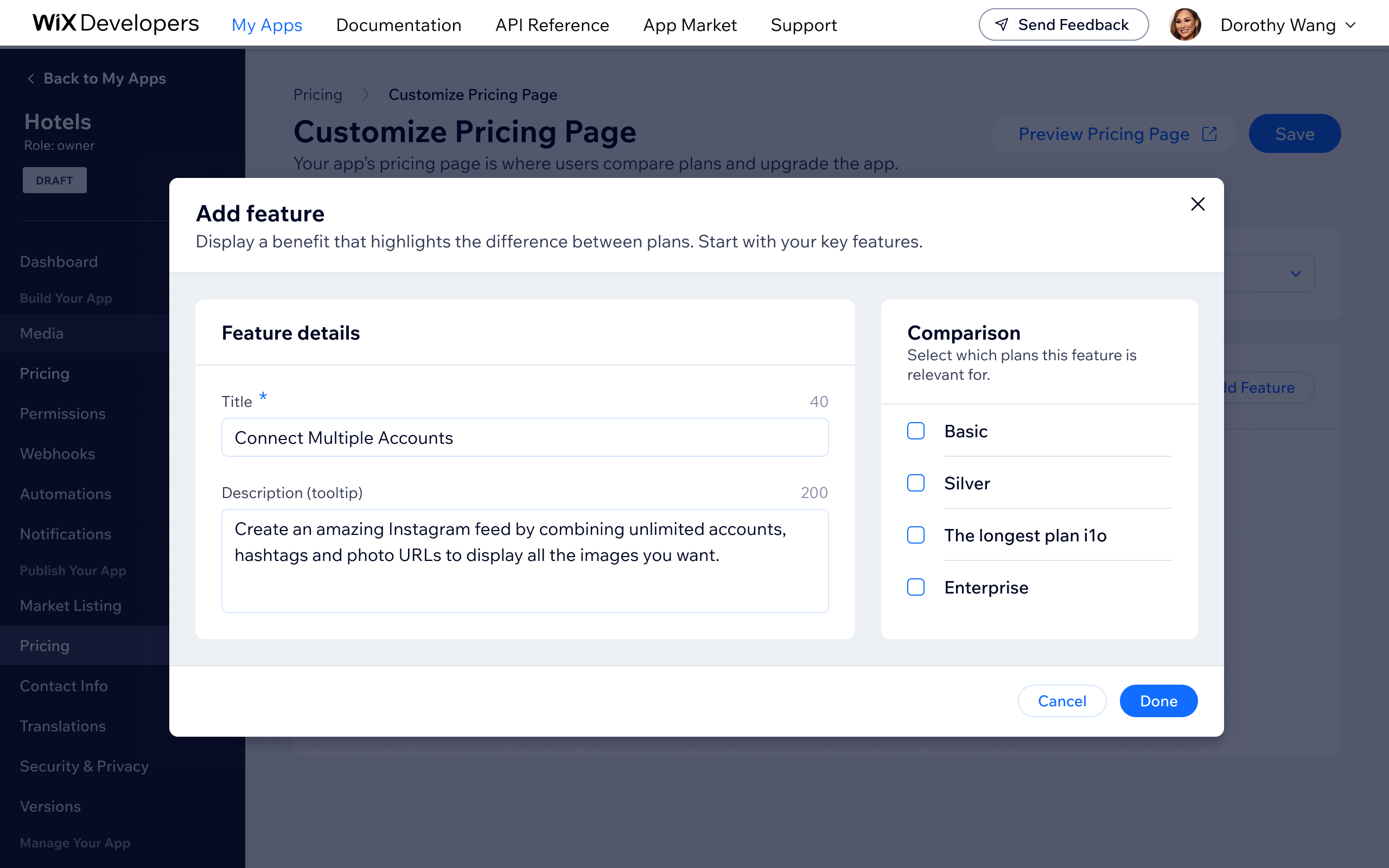 Add feature' modal on the Customize Pricing Page — developers define a feature title and tooltip description, then select which plans it applies to, building out the plan comparison table
