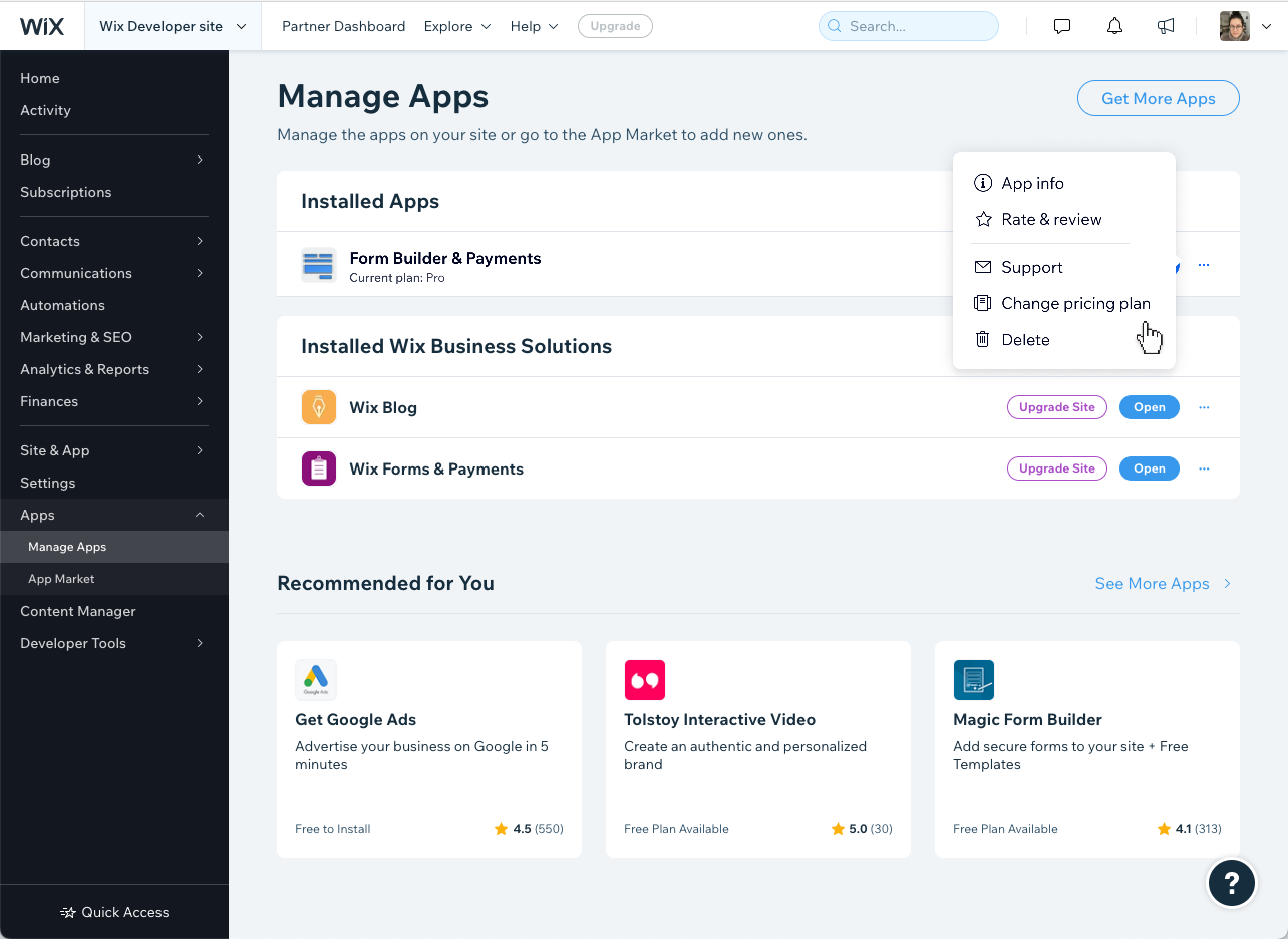 New entry point added to the Manage Apps page, surfacing the plan change option without disrupting the existing upgrade path