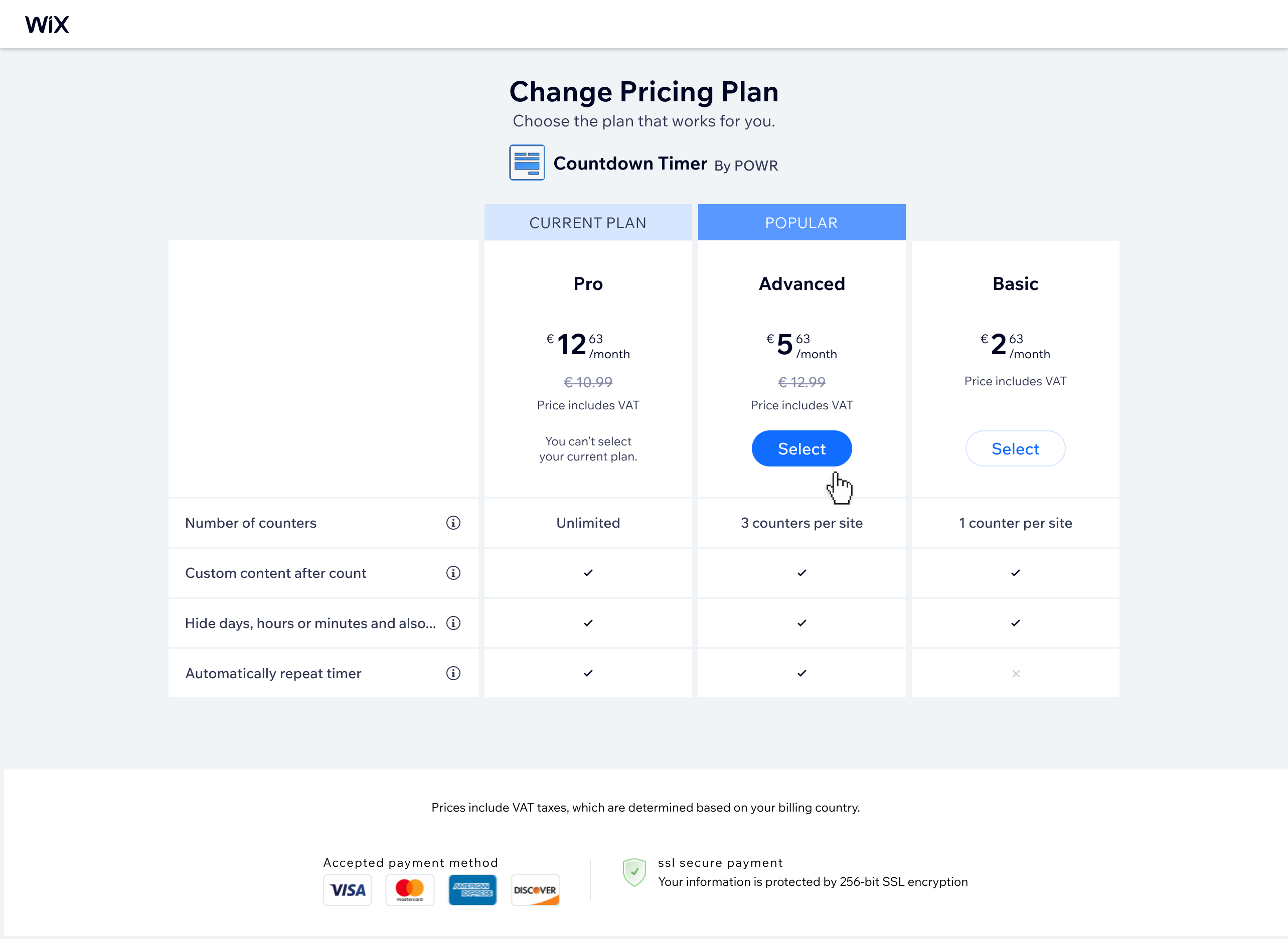 Plan selection screen allowing users to choose a lower-tier plan, with clear visibility of what they're changing to