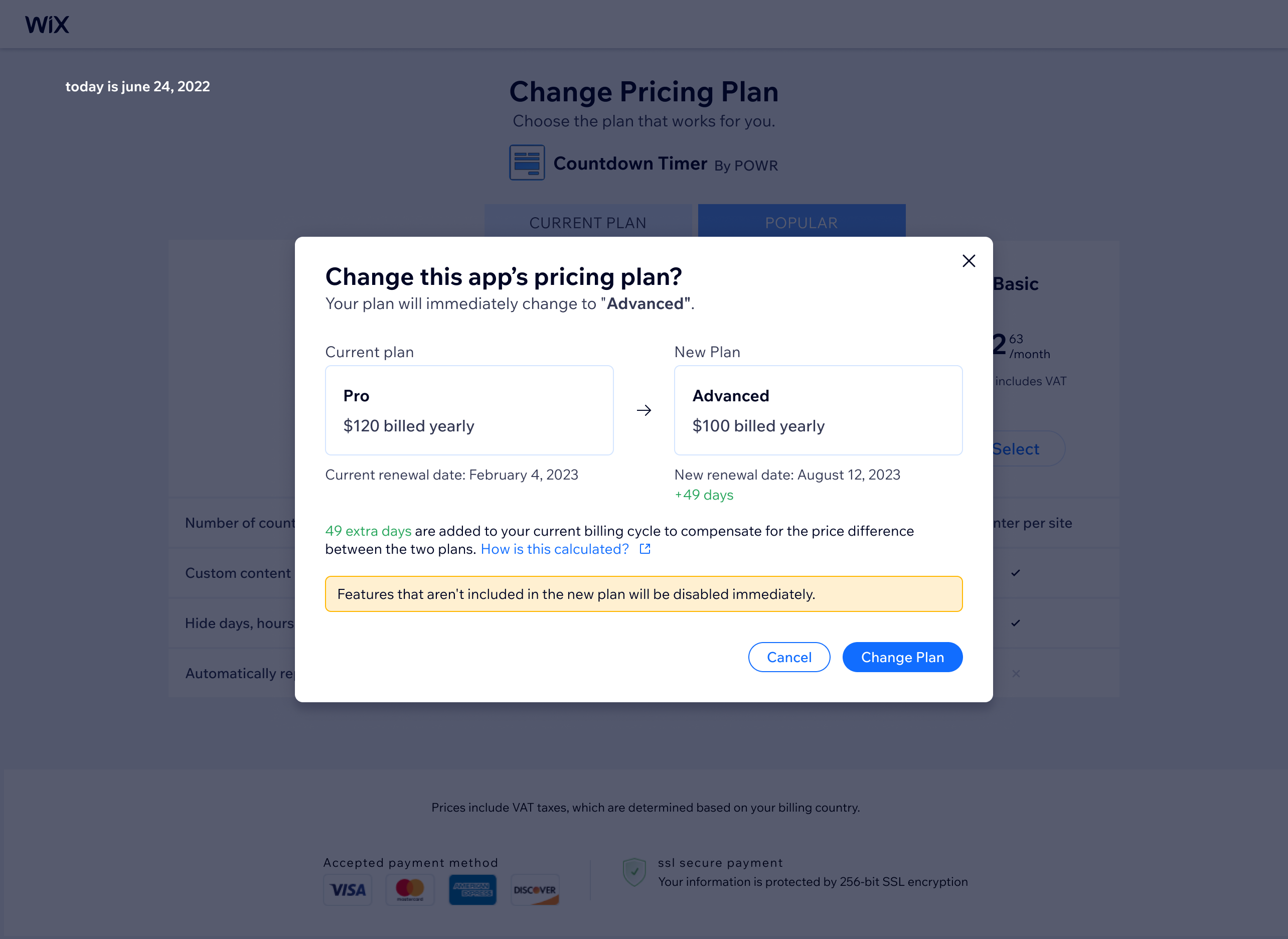 Downgrade confirmation modal highlighting what the user will lose — nudging toward better-value plans while still allowing the downgrade to proceed