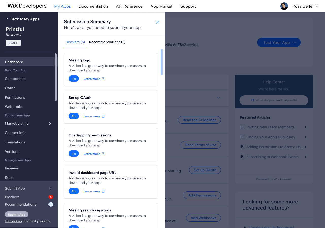 Open panel — blockers tab showing each issue with a direct action to fix it