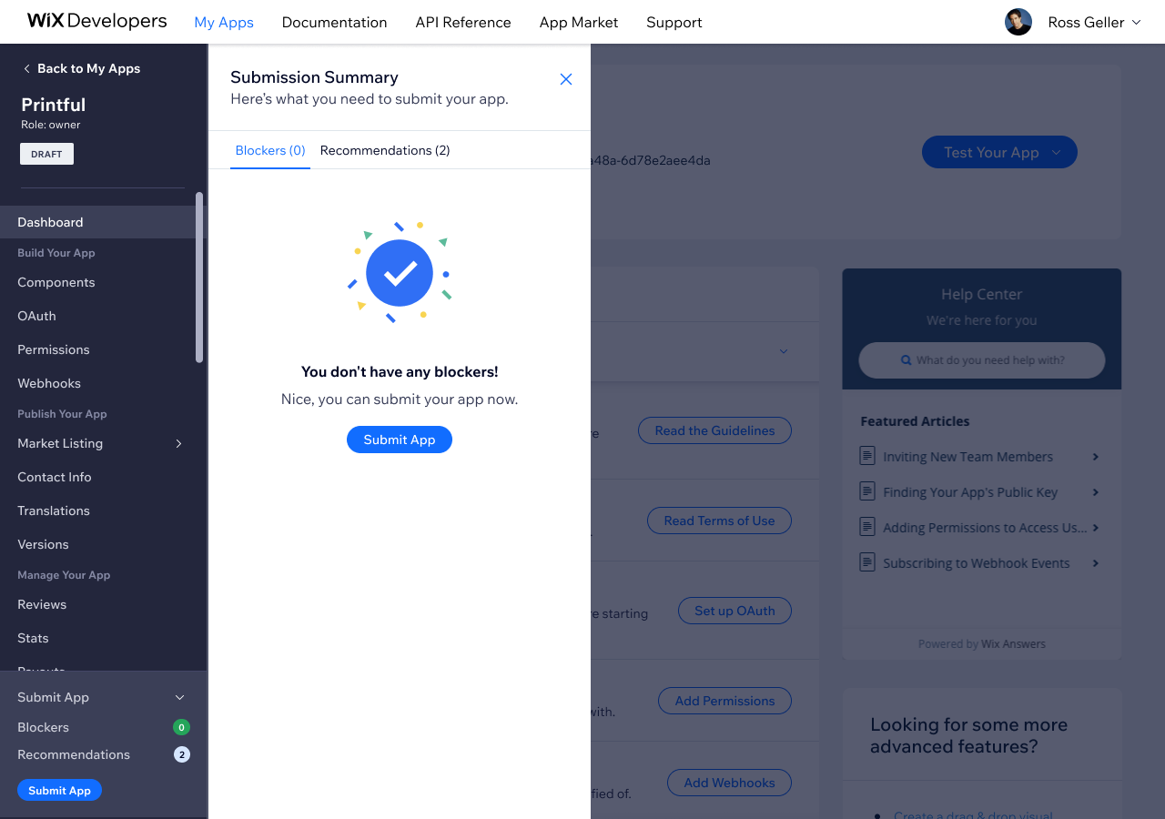 Open panel — zero blockers state, developer can now submit