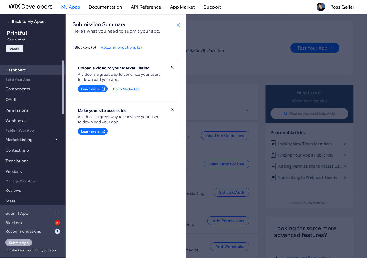 Open panel — recommendations tab with optional improvements the developer can act on or dismiss